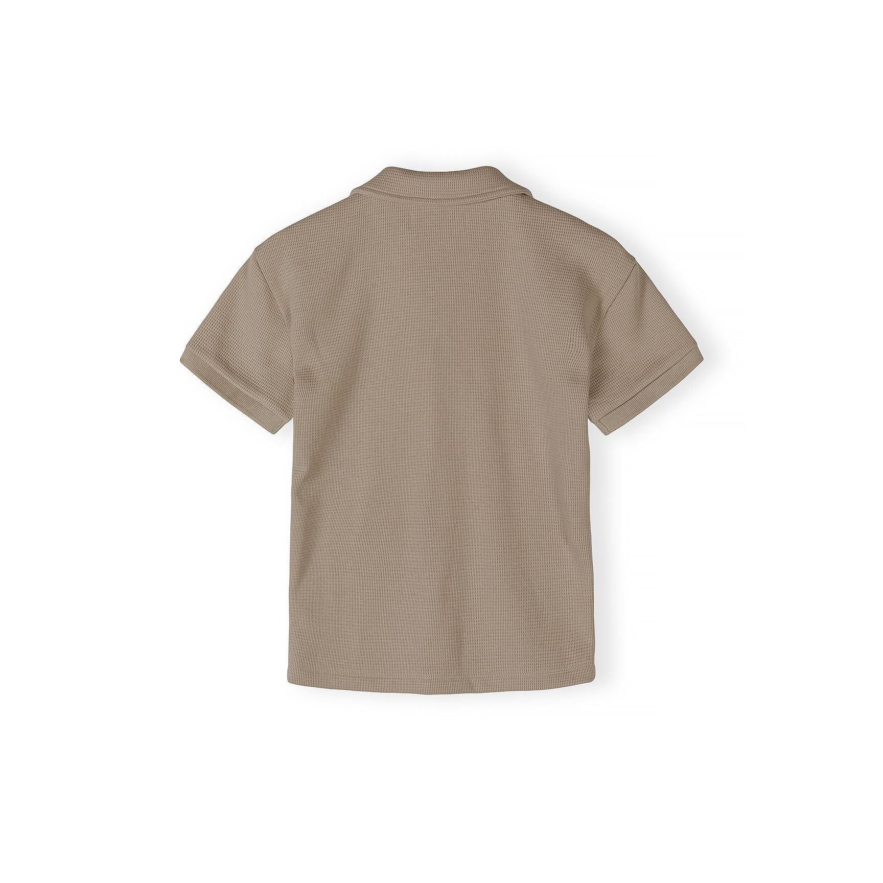 Back view of taupe waffle cotton shirt showing textured fabric and classic collar detail on white background