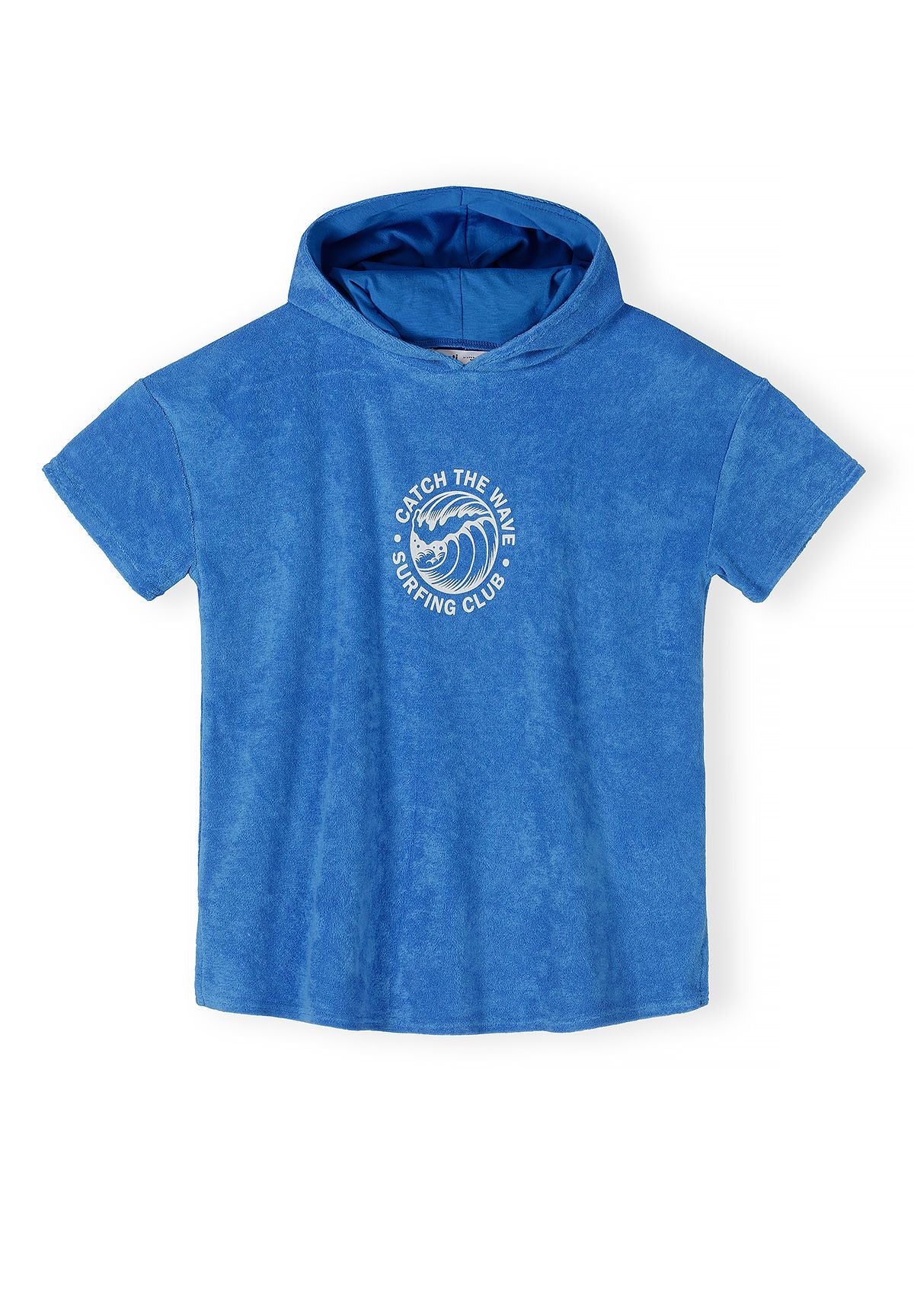 Boys blue hooded cover up, short sleeves, front logo.