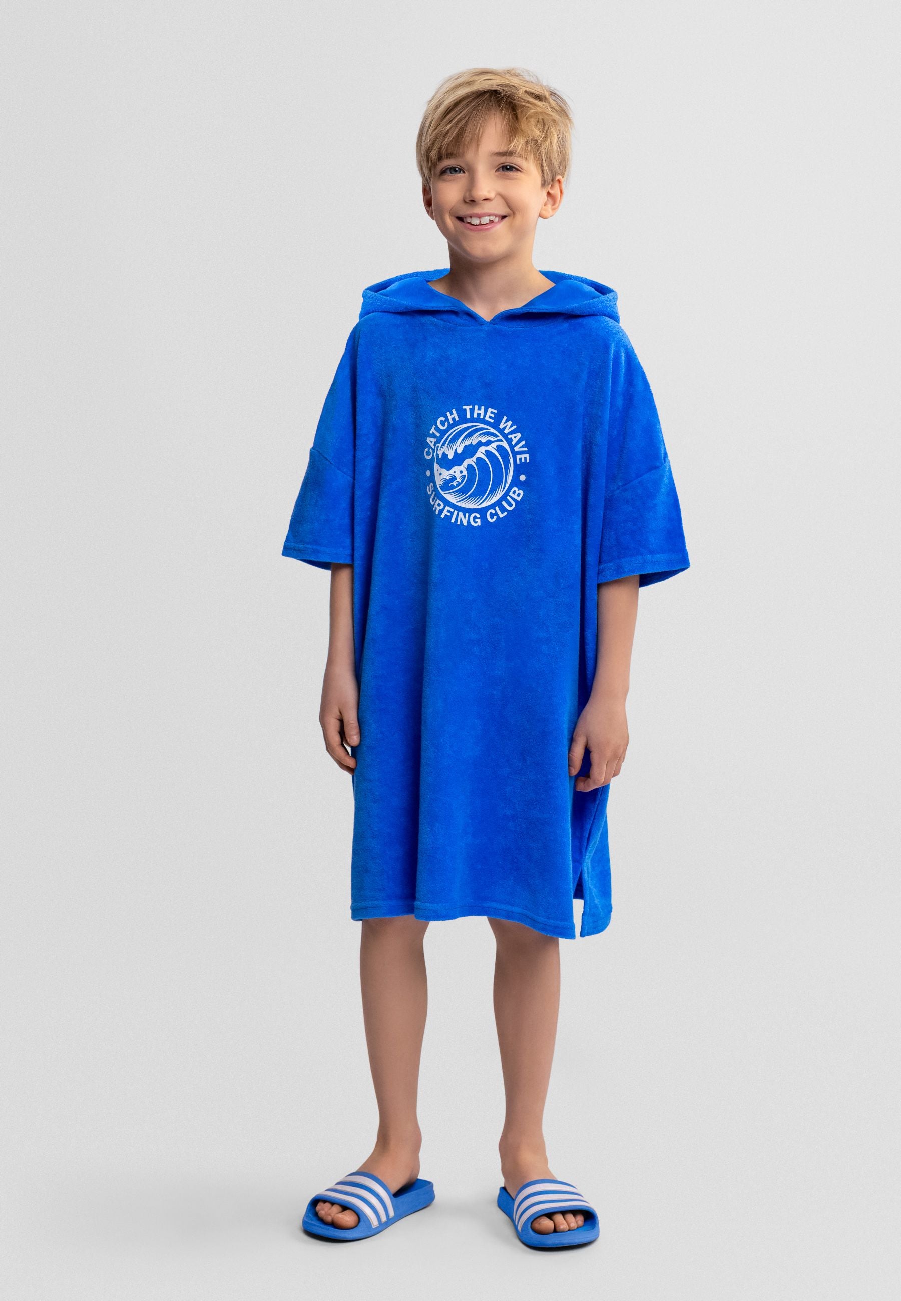 Hooded Towelling Beach Cover-Up, Blue, Surfing Print - 1