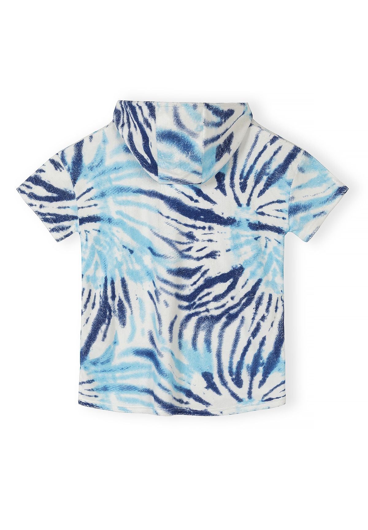 Boys hooded cover up in blue and white tie-dye, back view with short sleeves.