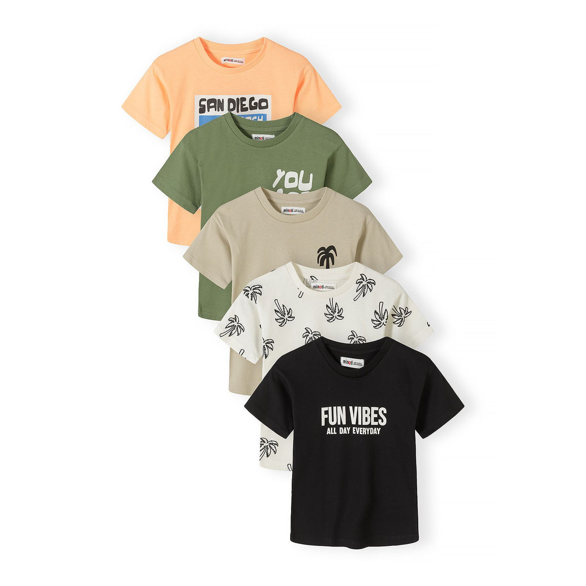Boys' graphic t-shirts 5-pack in peach, khaki, beige, cream and black — complete product view for square Shop card