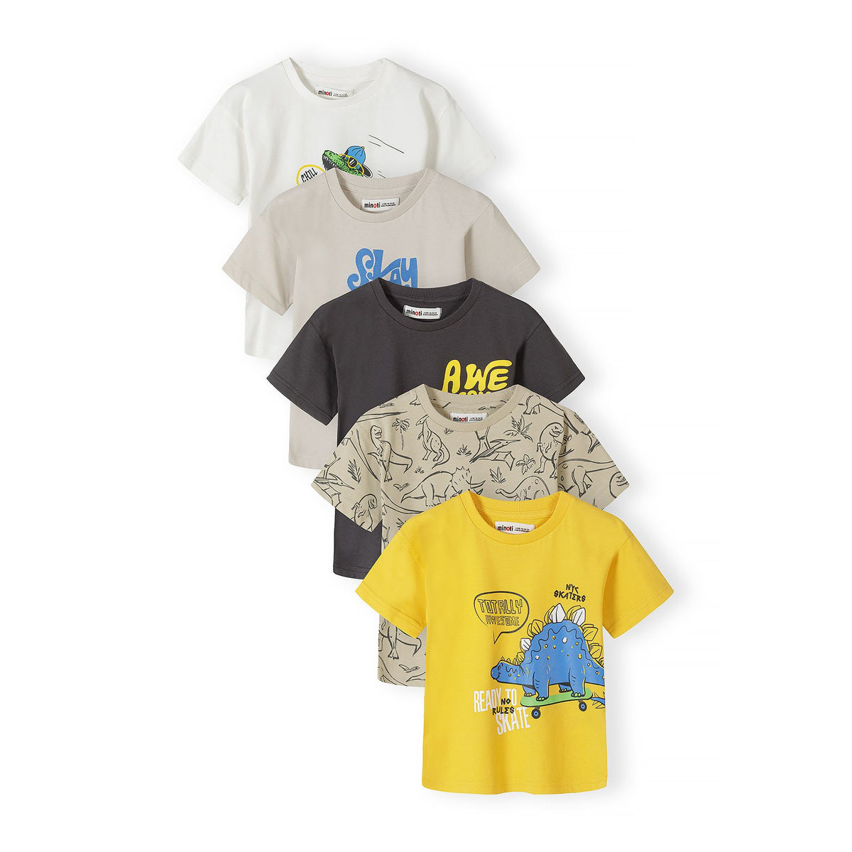 Boys' graphic t-shirts 5-pack in white, beige, charcoal and yellow — complete product view for square Shop card