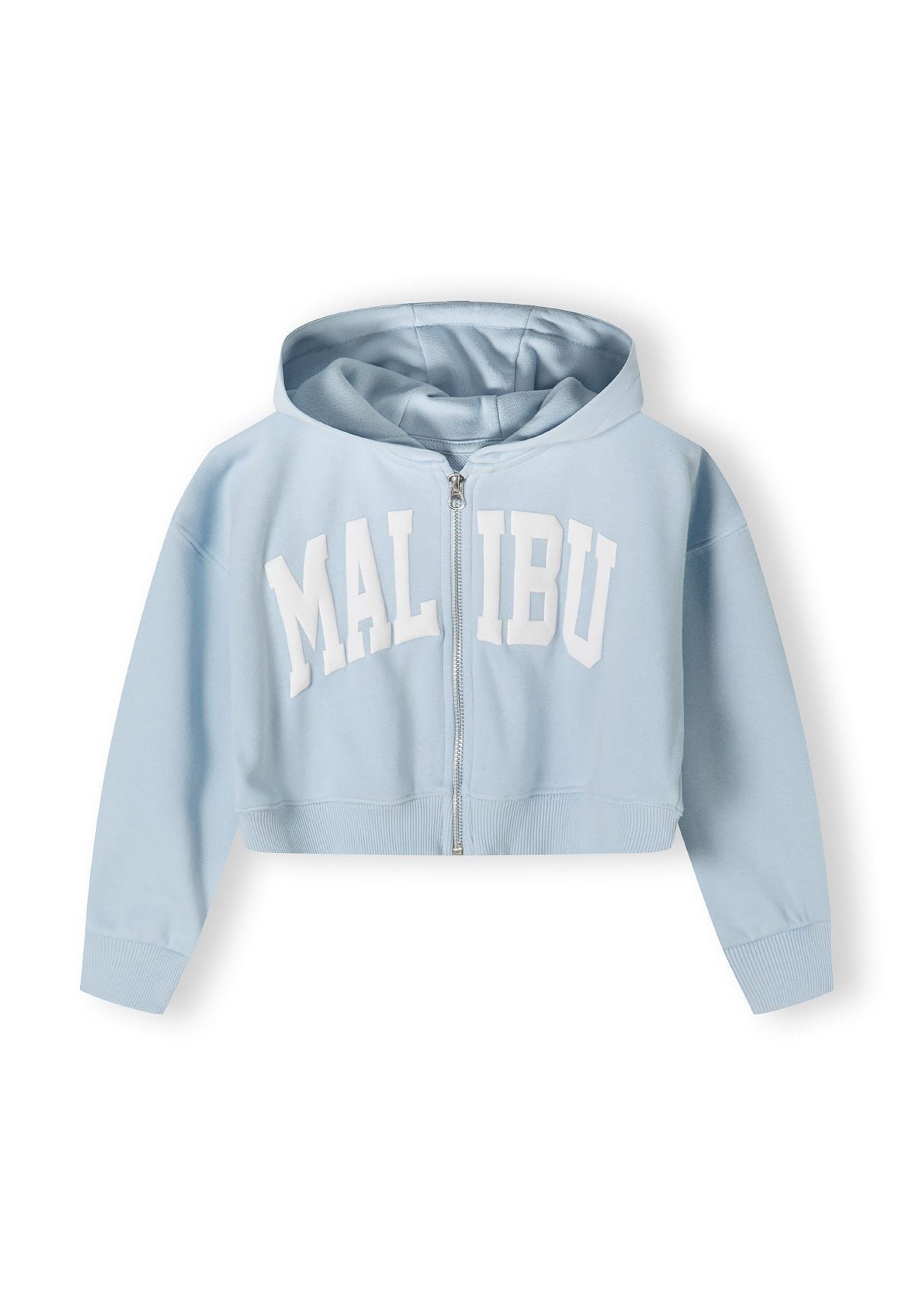 Cropped zip-through hoodie and wide leg joggers set, blue, back view, features hood and elasticated waistband.
