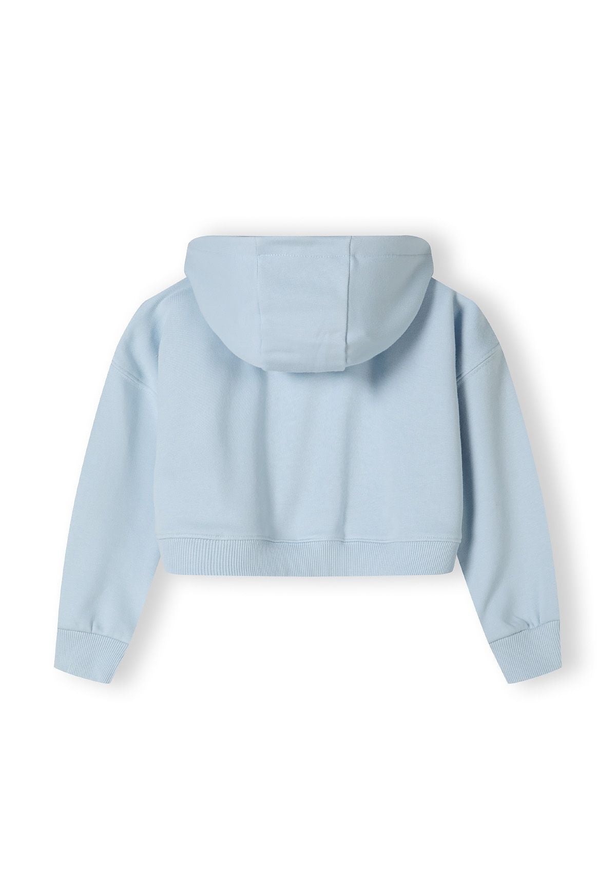 Cropped zip-through hoodie in light blue with front print and kangaroo pocket.
