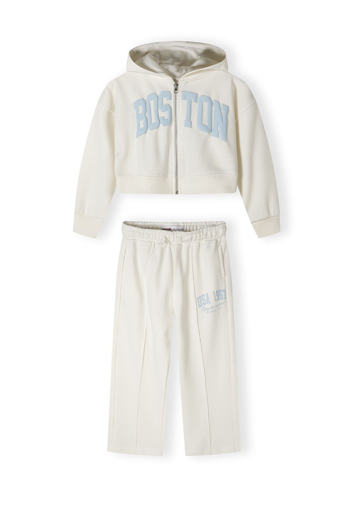 Cream zip hoodie and wide leg trousers set, full set front.