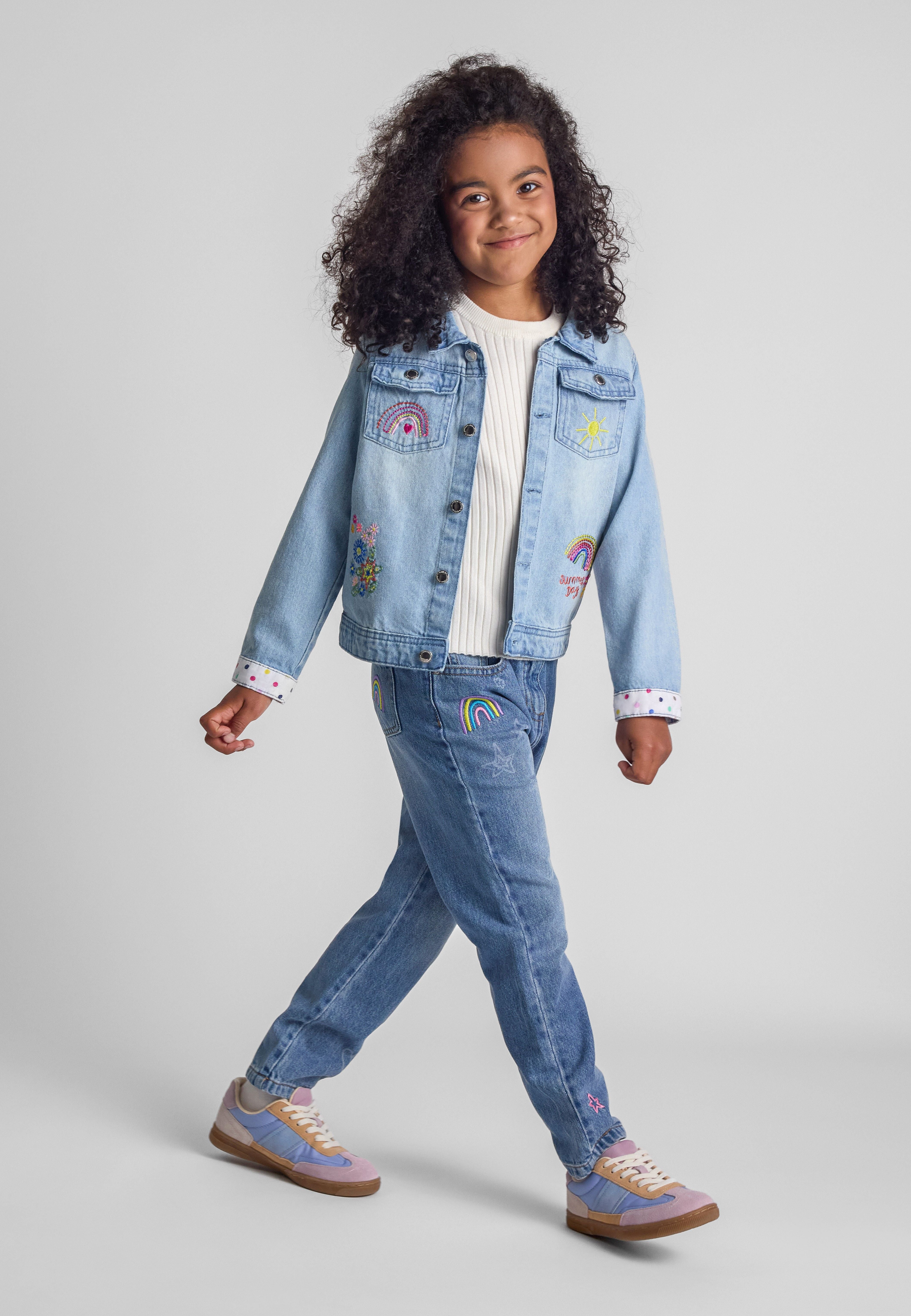 Embroidered Denim Jacket, Light Blue, Rainbow - 1
