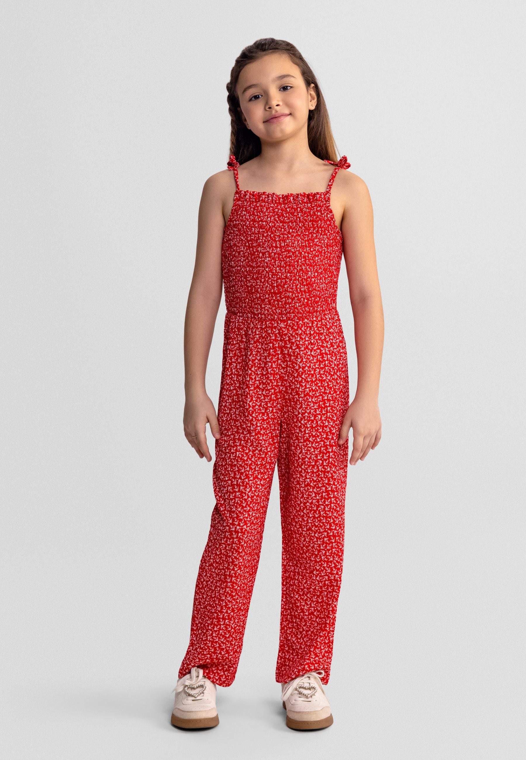 Shirred Jumpsuit, Floral, Red - 1