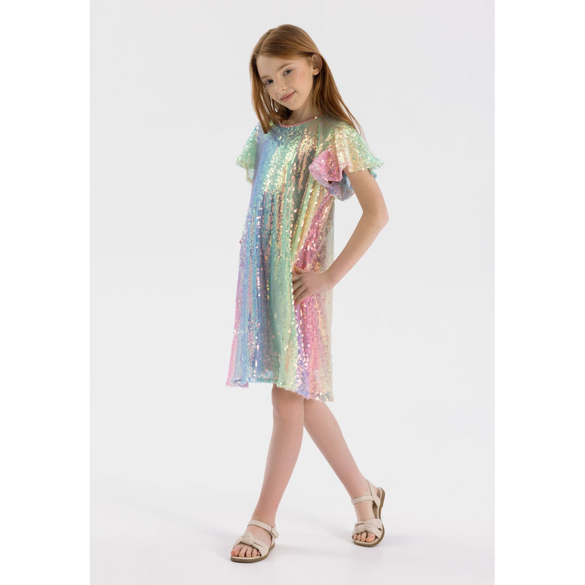 Girls' sequin shift dress in pastel rainbow — complete product view for square Shop card