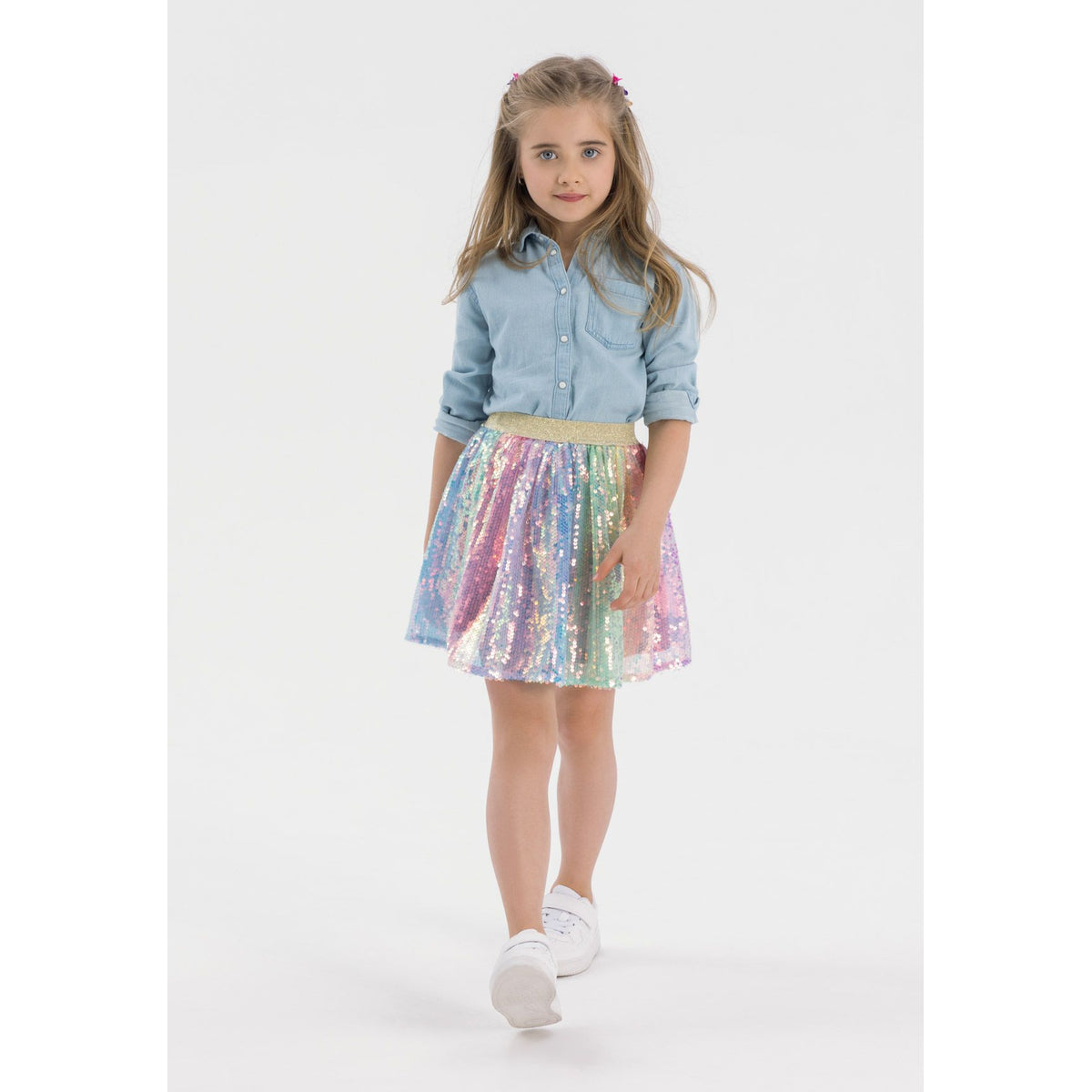 Girls' sequin skirt in pastel rainbow — complete product view for square Shop card