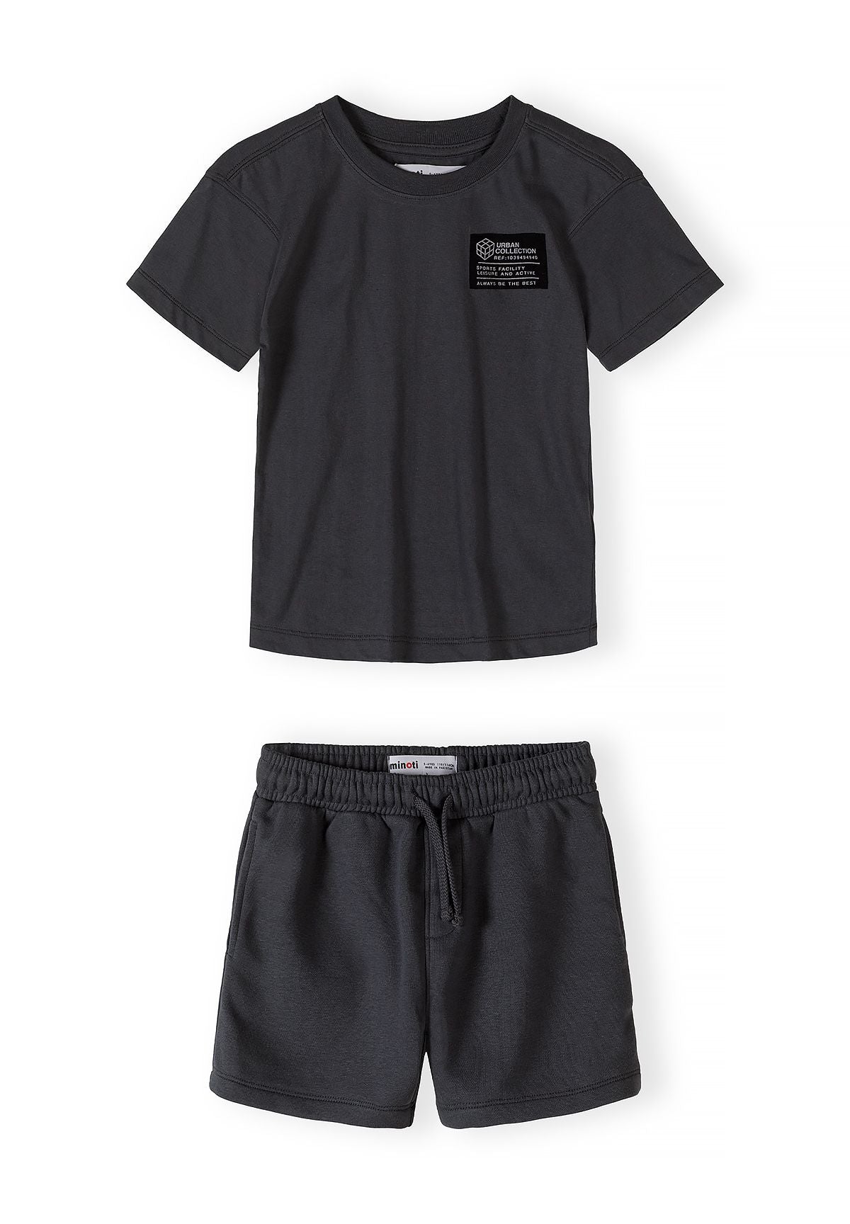 Boys grey short-sleeve t-shirt with matching shorts, featuring elasticated waistband and side pockets.