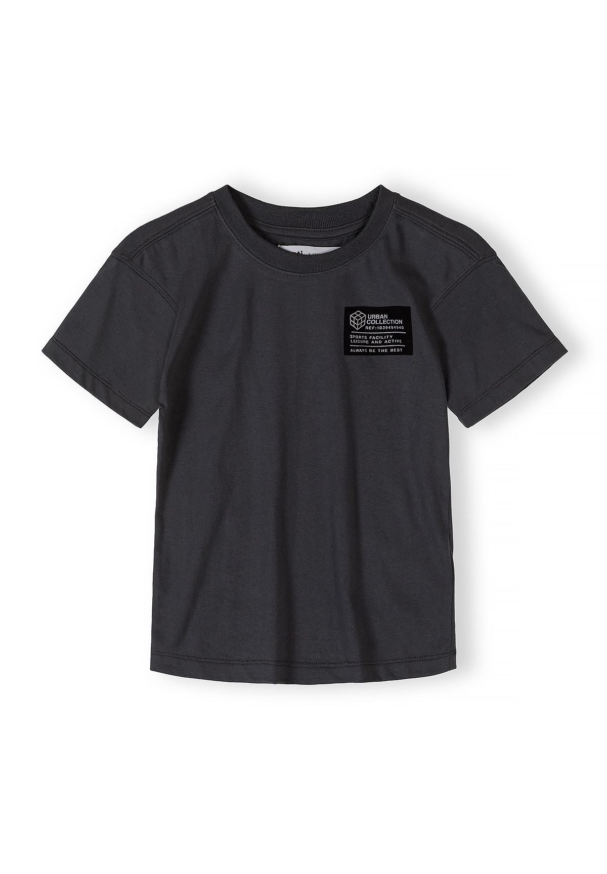 Boys grey short-sleeve t-shirt with crew neckline and logo detail.