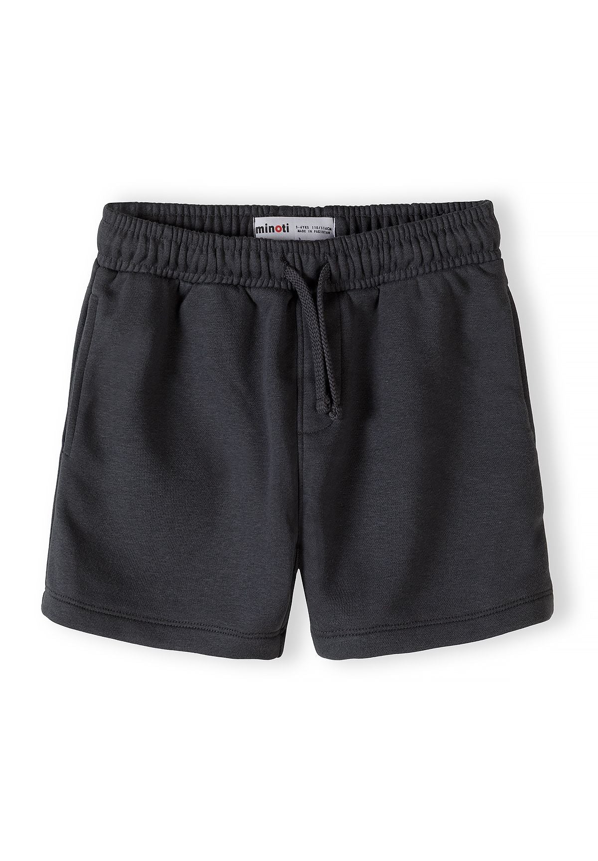 Close-up of grey shorts with elasticated waistband and drawstring.