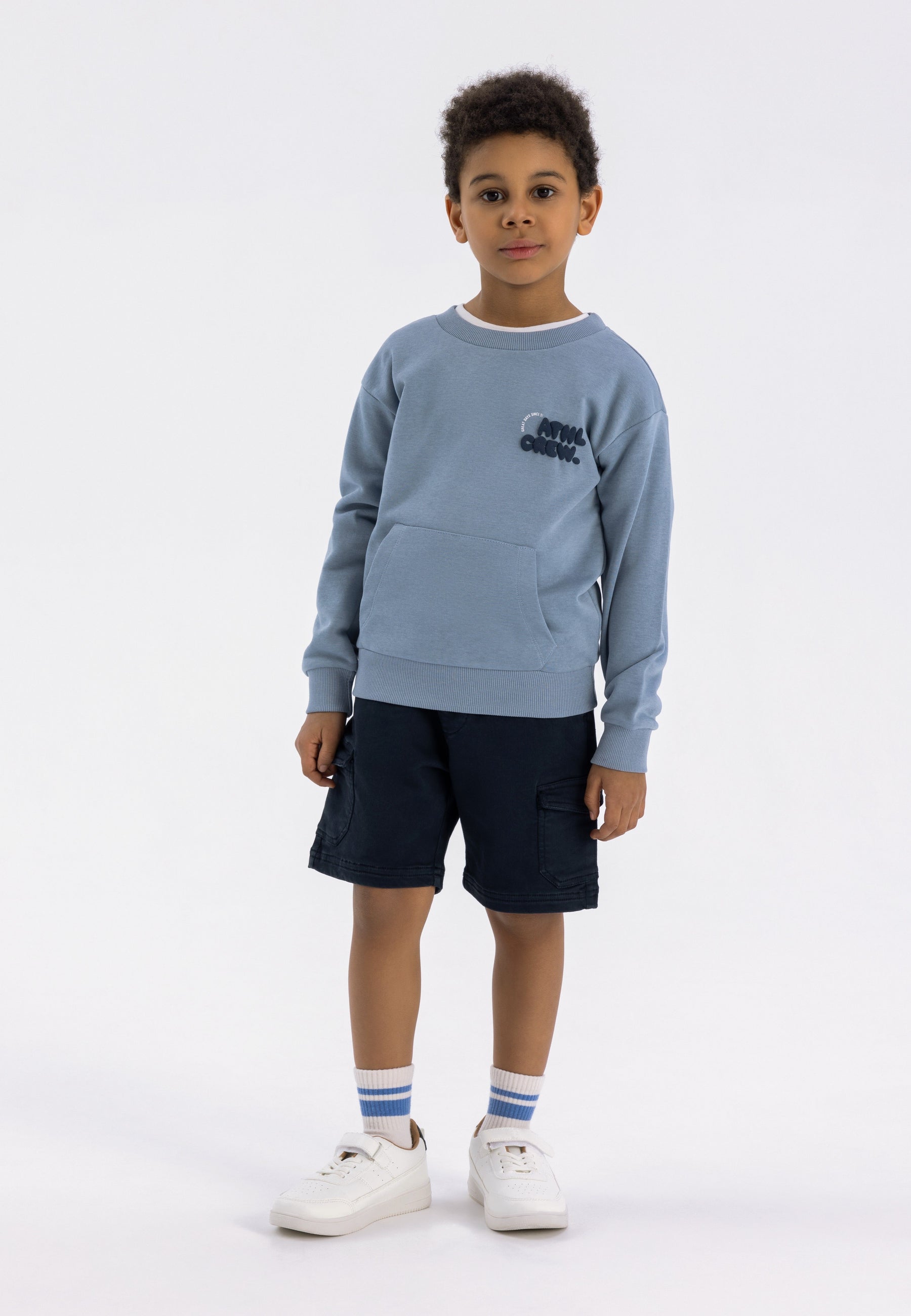 Crew Neck Sweatshirt, Dusty Blue, Kangaroo Pocket - 1