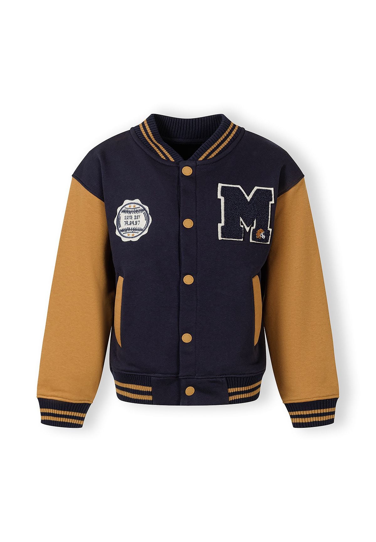 Boys navy lightweight baseball jacket with contrast sleeves, front view.