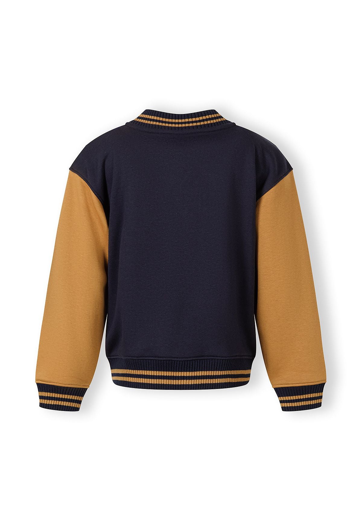Back view of a boys lightweight navy baseball jacket with contrasting sleeves.