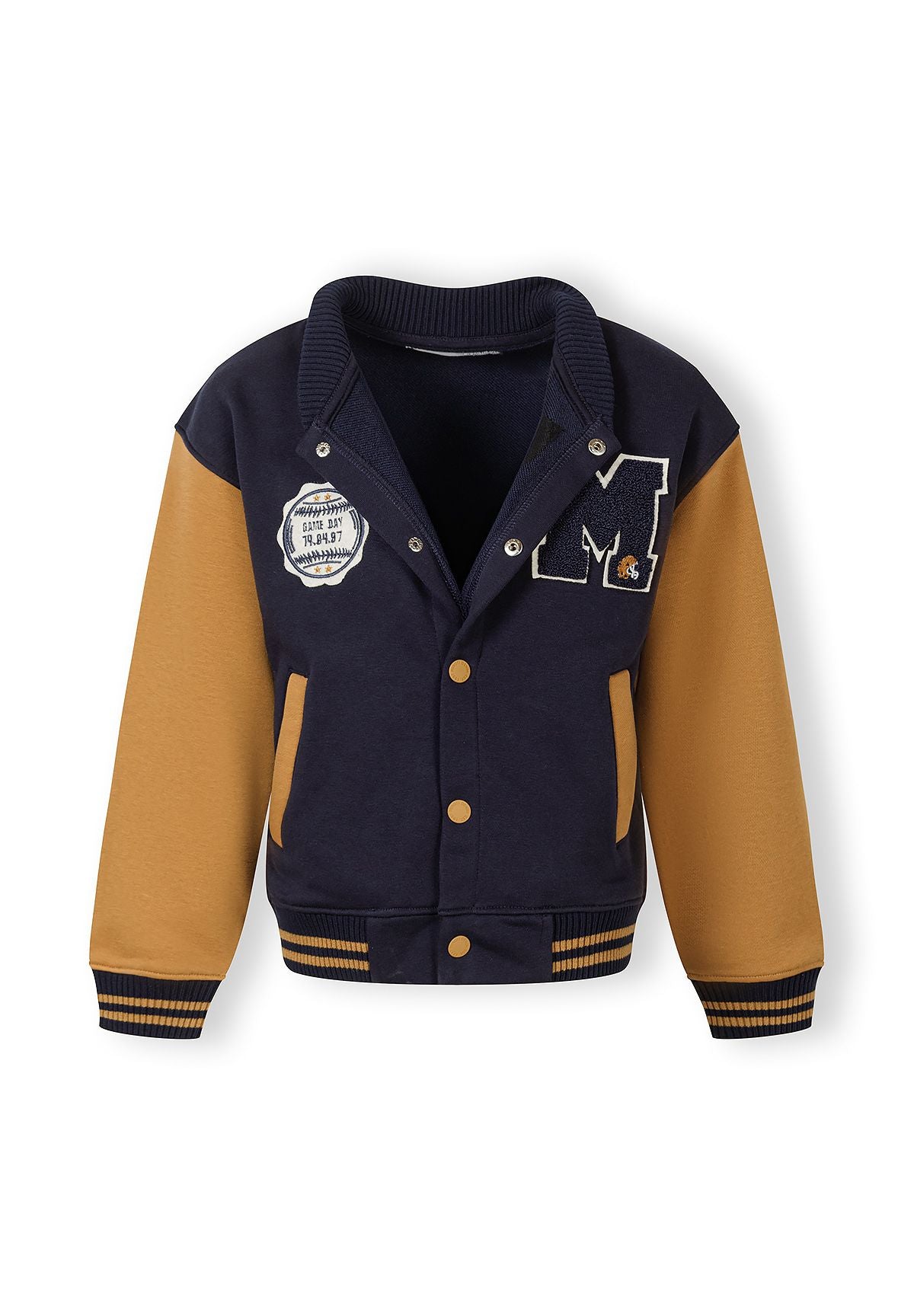 Front view of a boys lightweight navy baseball jacket with contrasting sleeves and logo.