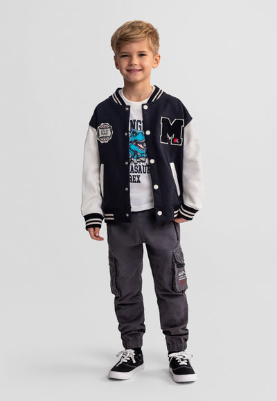 Boys' lightweight baseball jacket with black and white sleeves, worn by a child.
