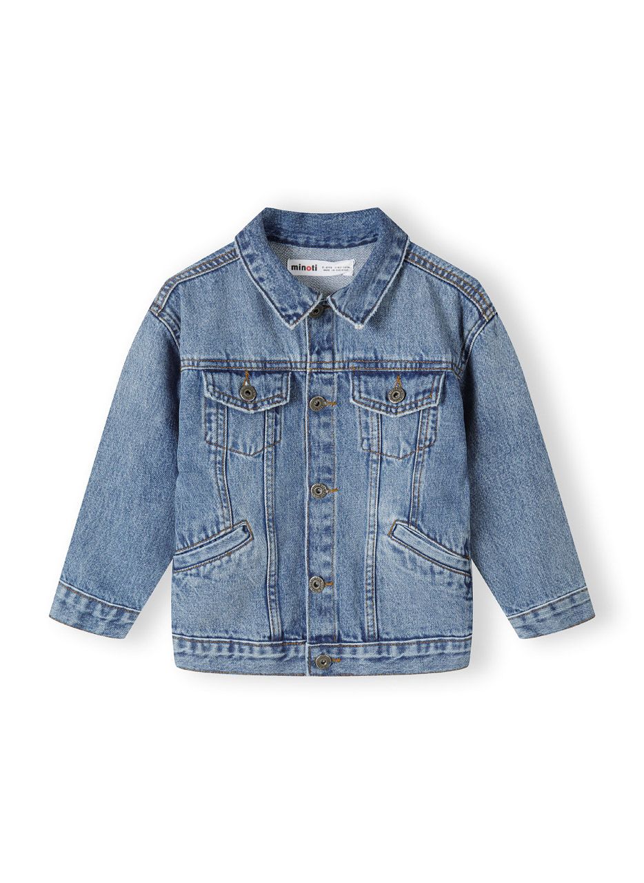 Boys denim jacket in blue, front view with button fastening and chest pockets.