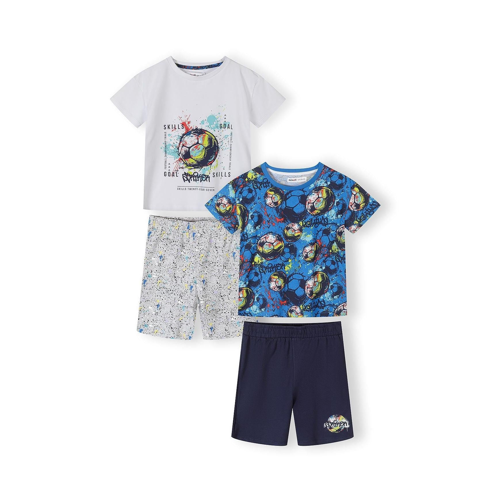 Football themed t-shirt and shorts 2-pack set showing white skills print t-shirt, blue all-over football print t-shirt, grey speckled shorts and navy shorts arranged on white background