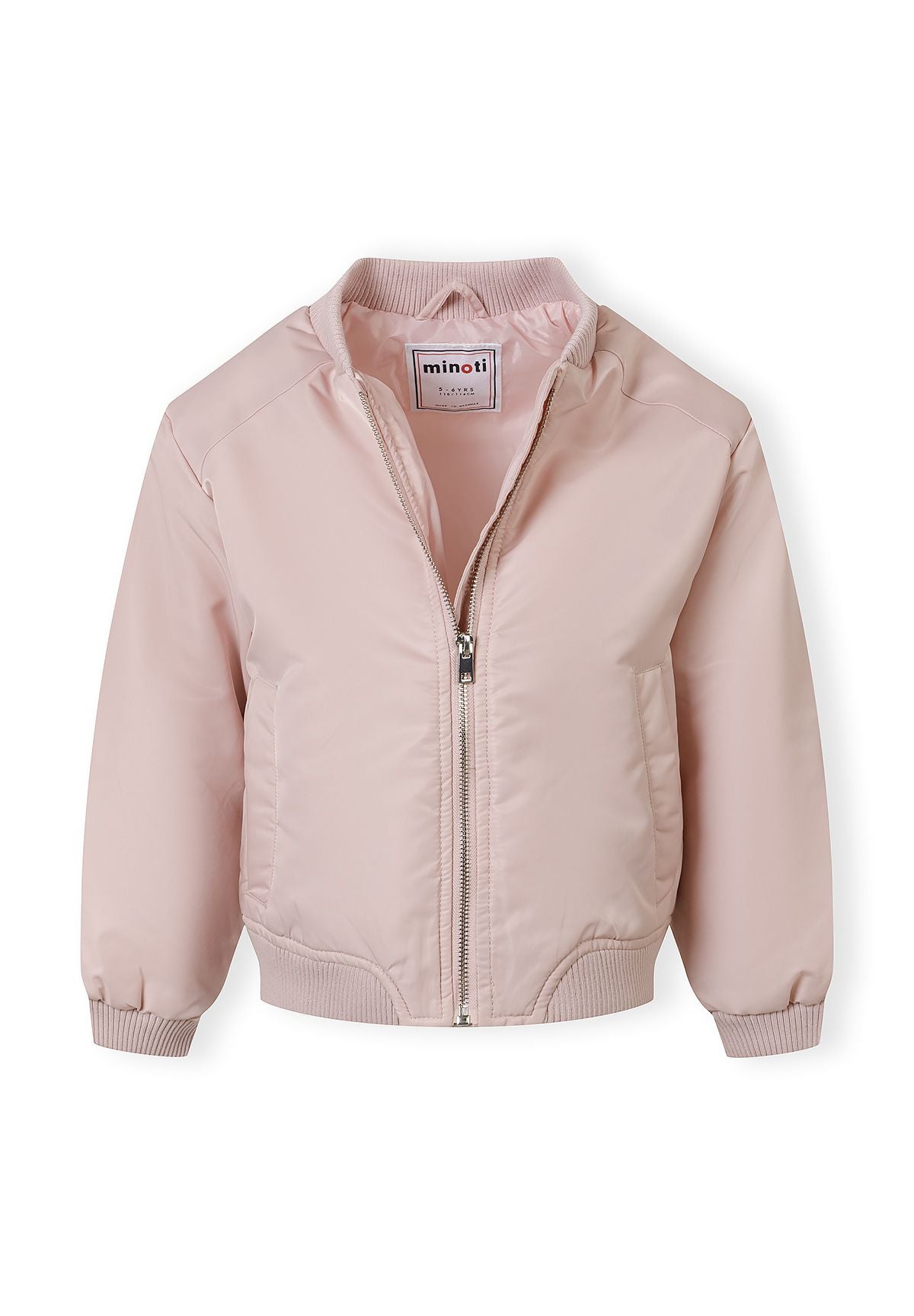 The light pink bomber jacket shown open to reveal the inside.