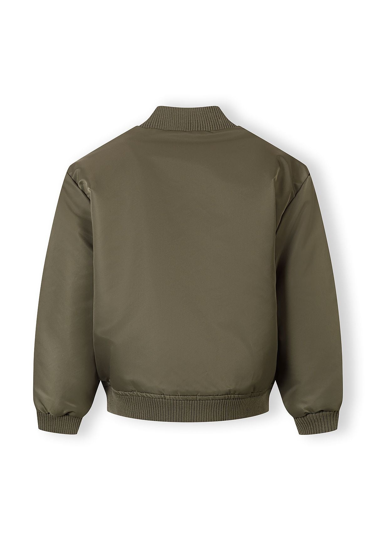 Back view of a girls' lightweight khaki bomber jacket with a stand collar and elasticated cuffs.