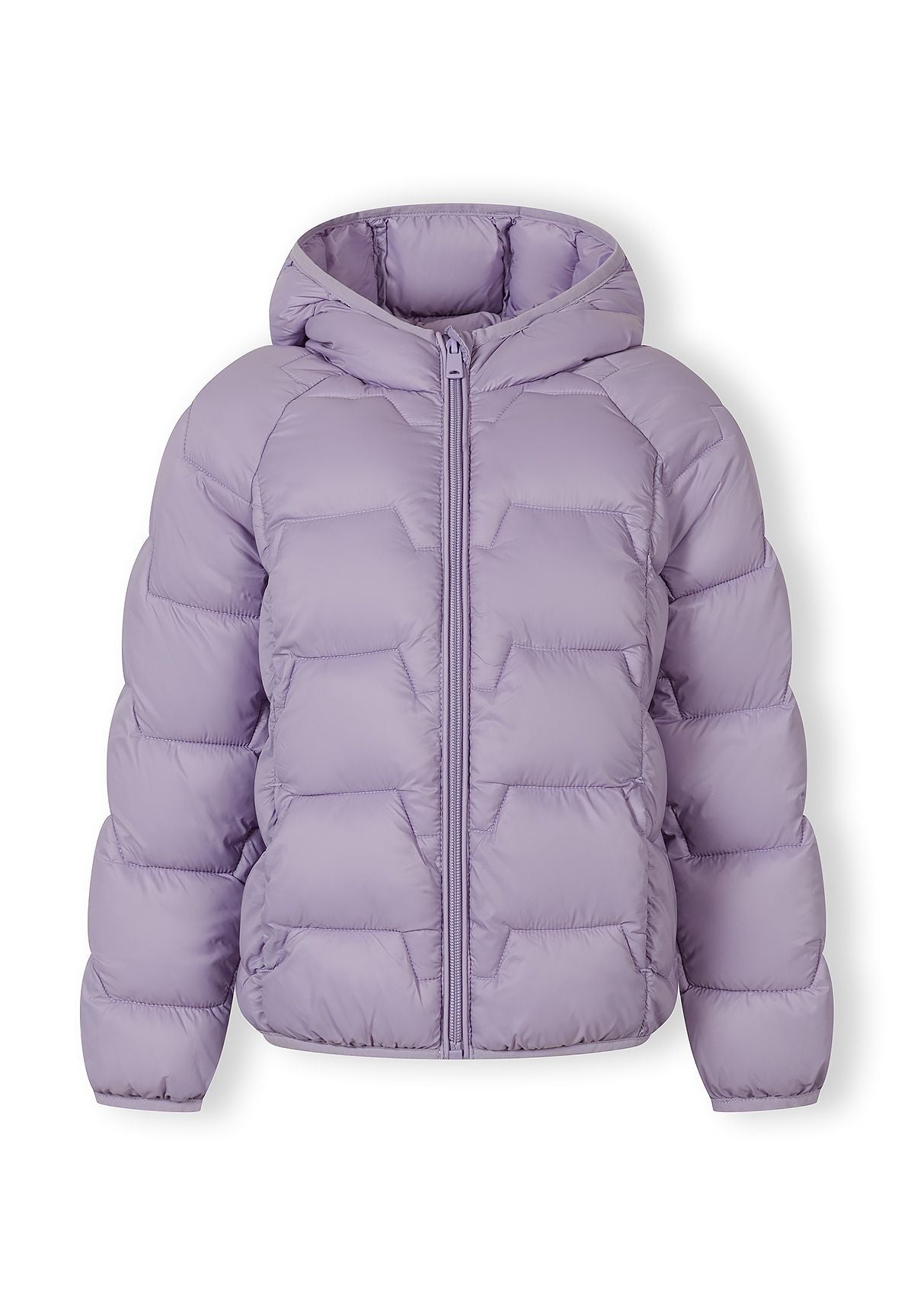 Girls lightweight purple wind-resistant jacket, front view, features adjustable hood and full-length zip.