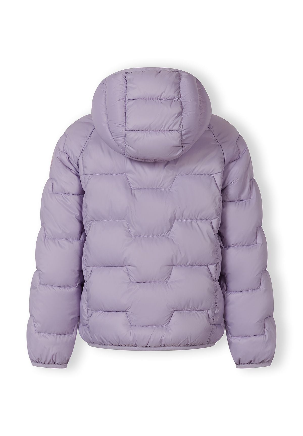 Back view of a girls' lightweight purple wind-resistant jacket with a hood and quilted design.