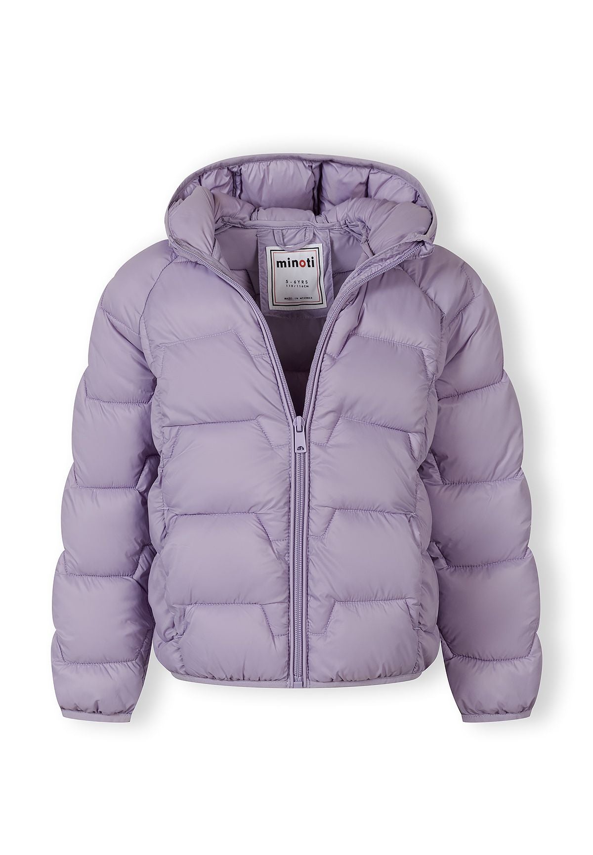 Girls lightweight wind-resistant jacket, purple, front view, adjustable hood, full-length zip.