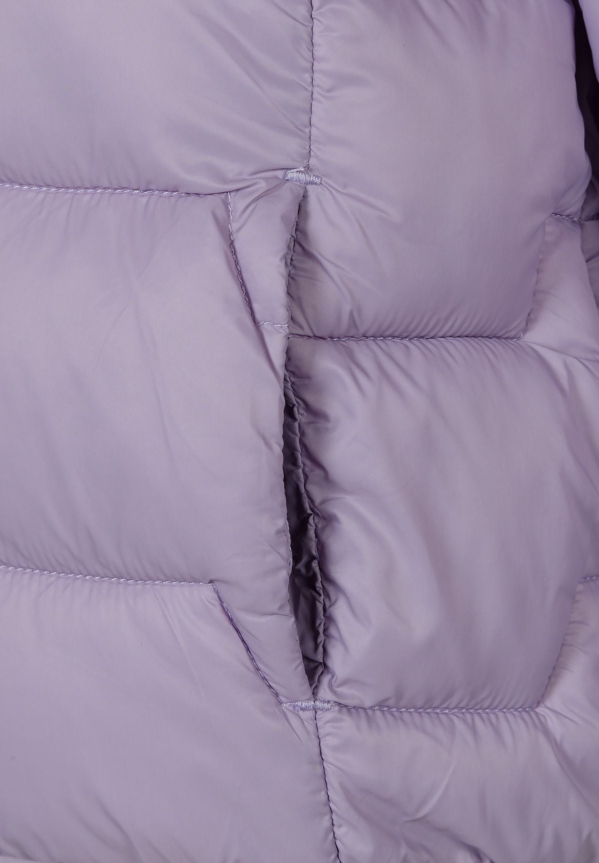 Detail of a lightweight purple nylon jacket with quilted padding and side pockets.