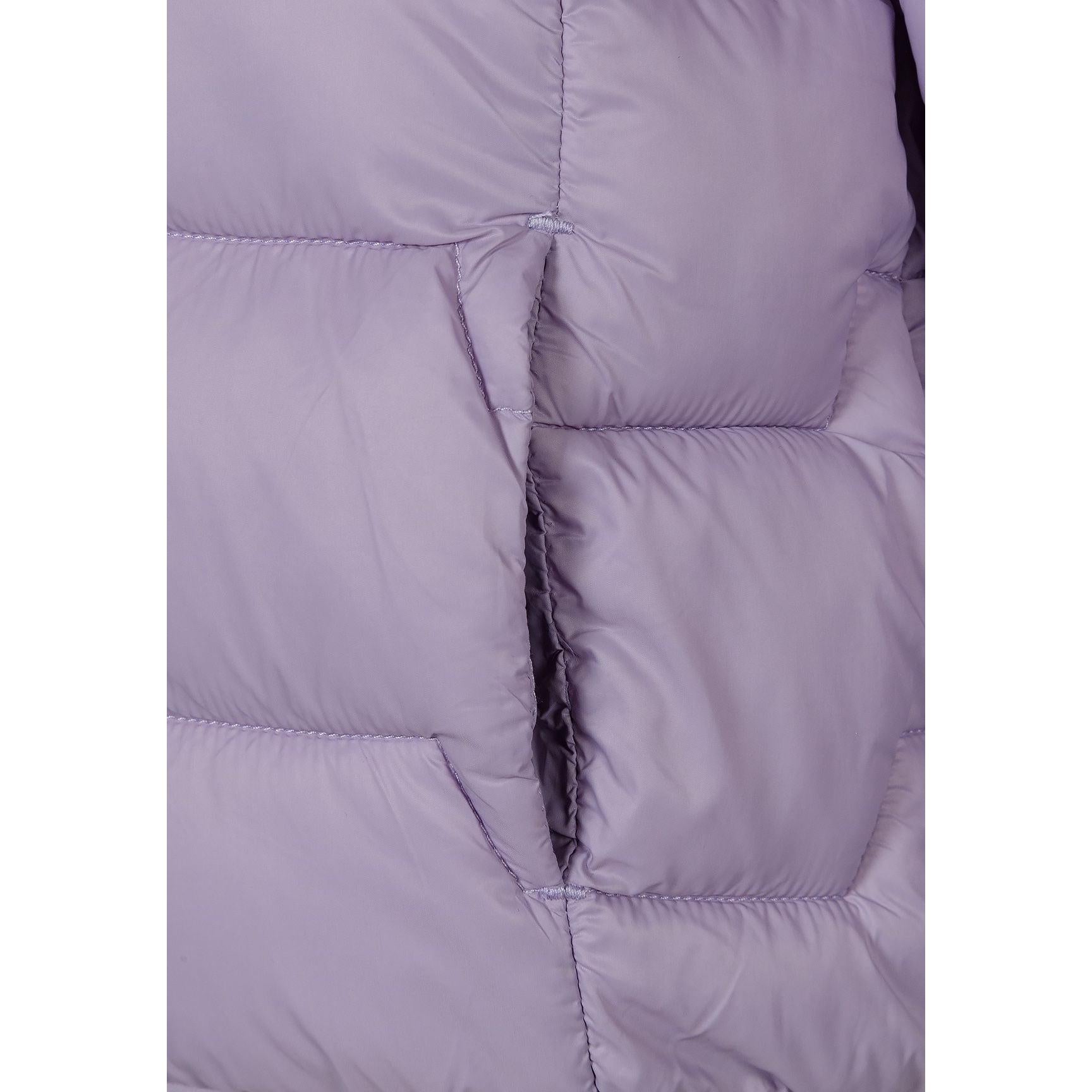 Close-up detail of purple puffer jacket showing quilted panels and stitching construction on white background
