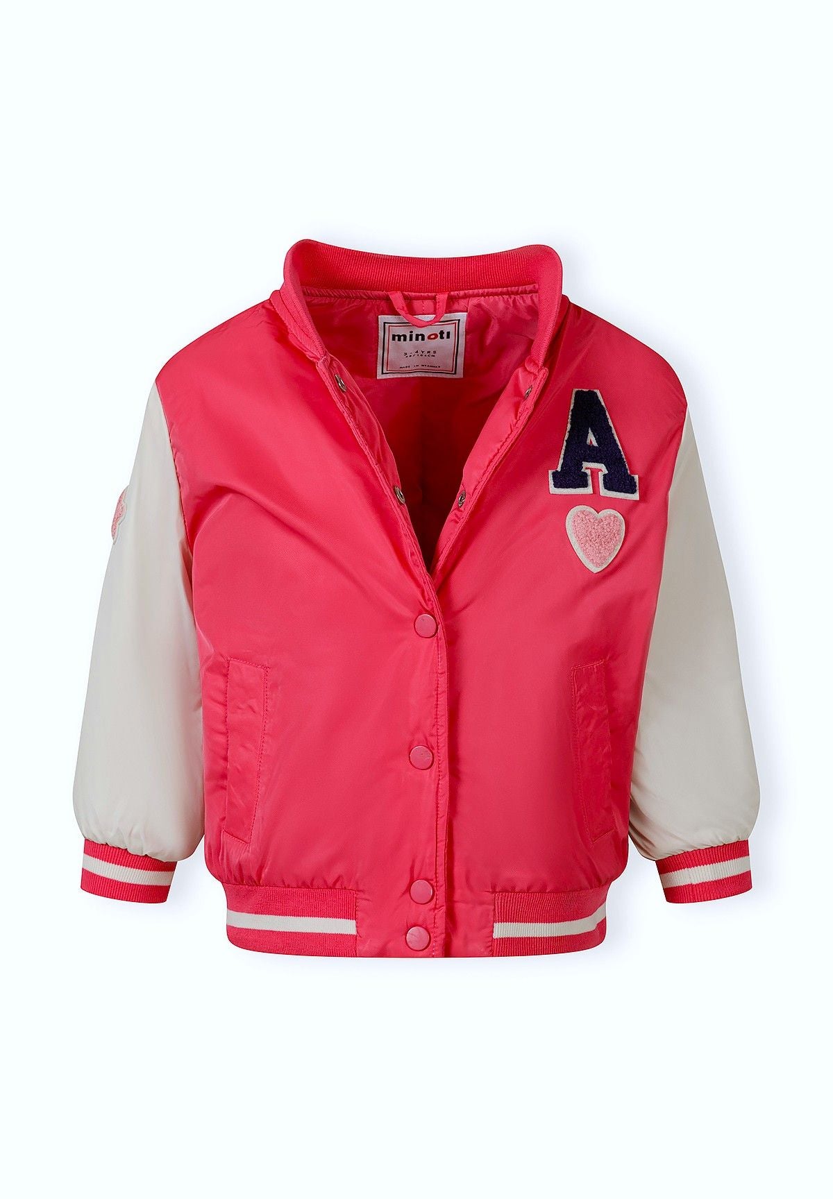 Girls varsity bomber jacket in bright pink, front view with snap button closures and side pockets.
