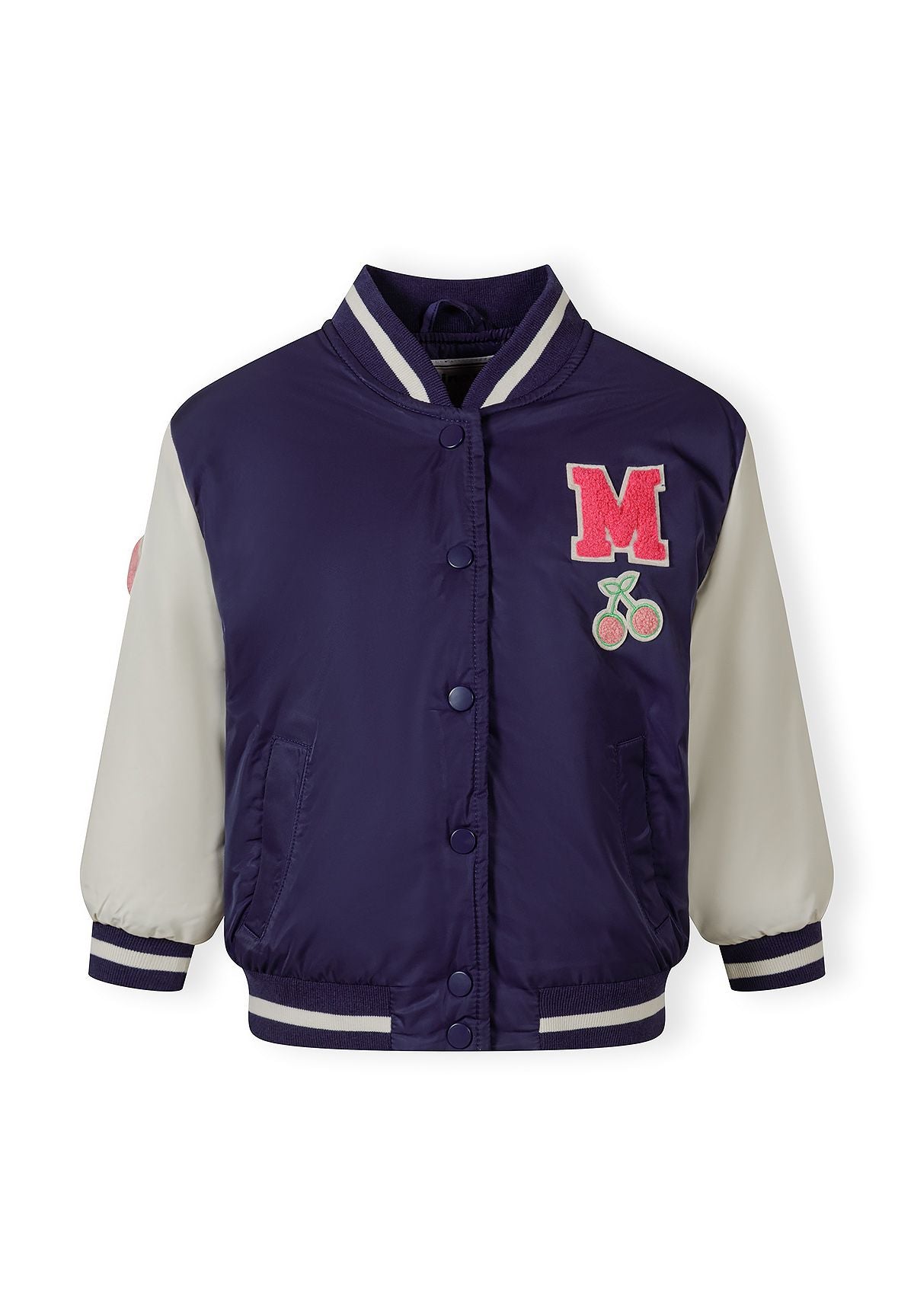 Girls varsity bomber jacket in navy and white, front view with logo and side pockets.