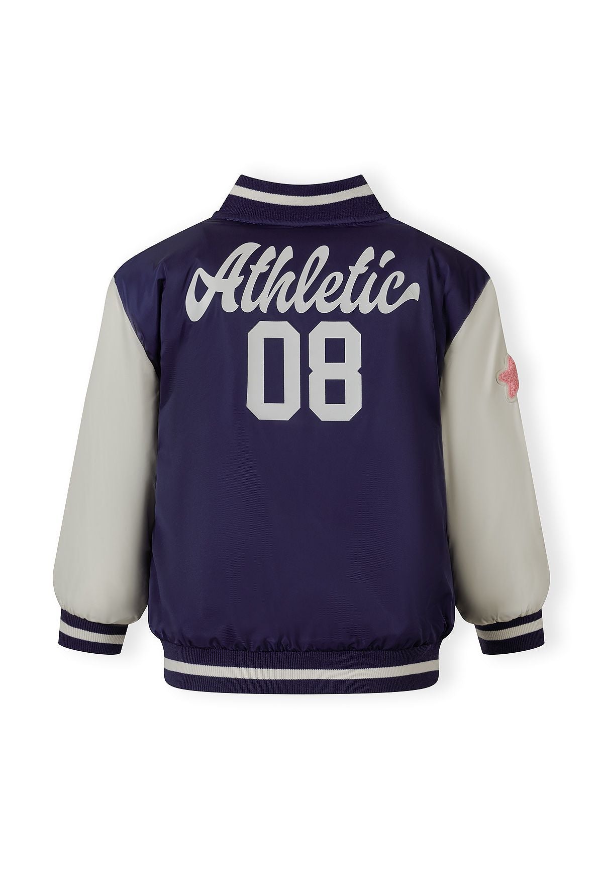 Girls varsity bomber jacket in navy and white, back view with 'Athletic 08' print.