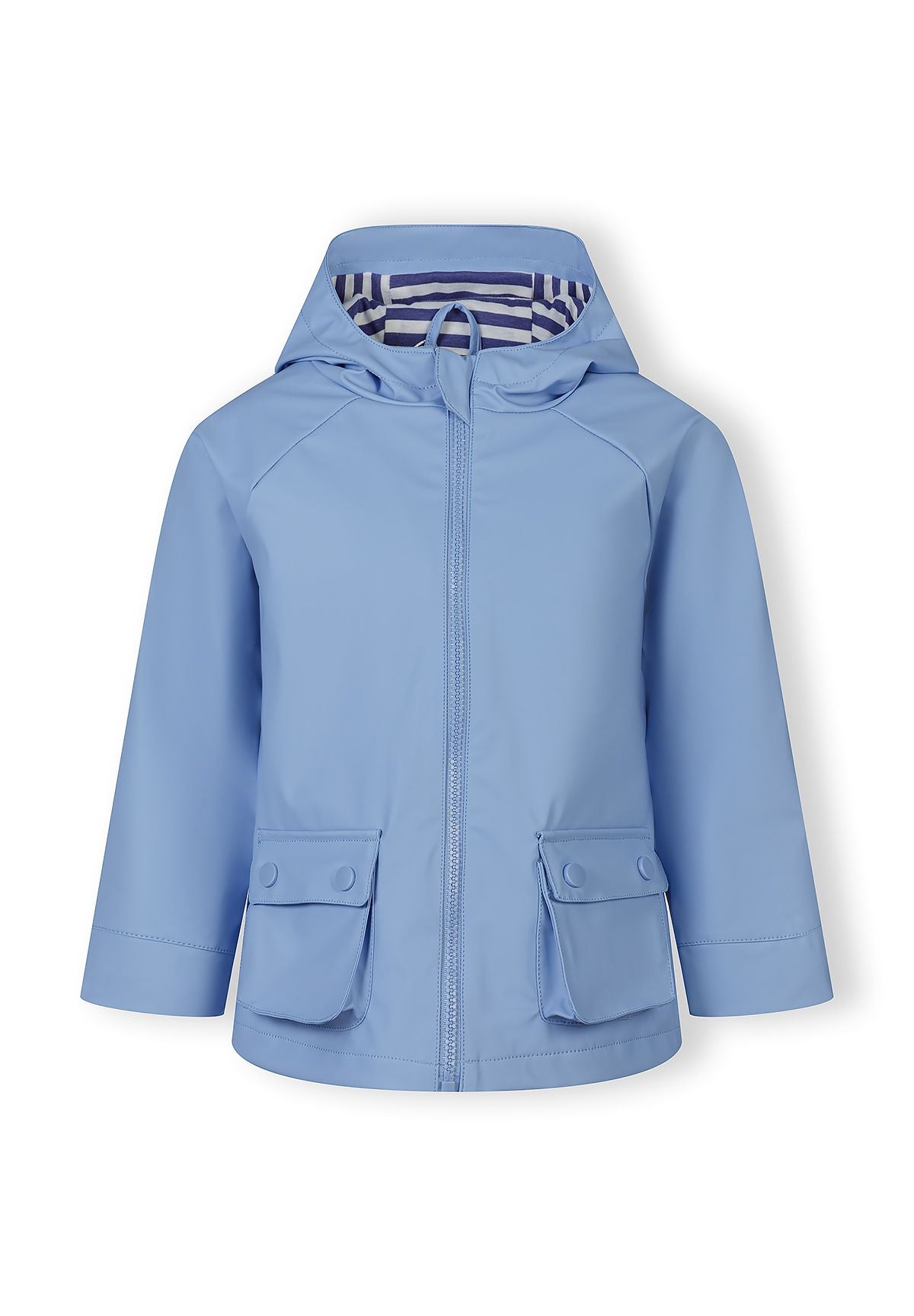 Front view of a girls' waterproof blue rain jacket with a fixed hood and two front pockets.