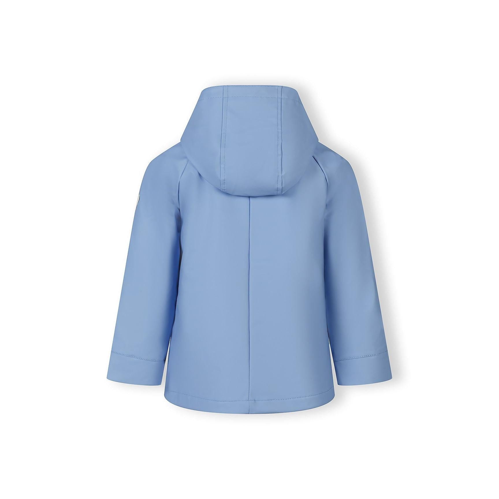 Close-up detail of blue rain jacket front pocket with button closure showing stitching and construction quality