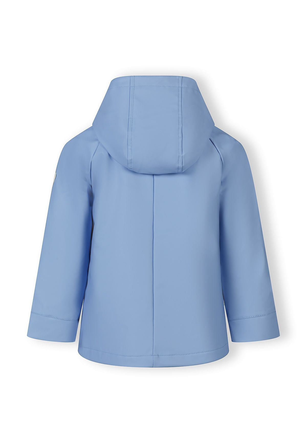 Back view of a girls' waterproof blue rain jacket with a fixed hood.
