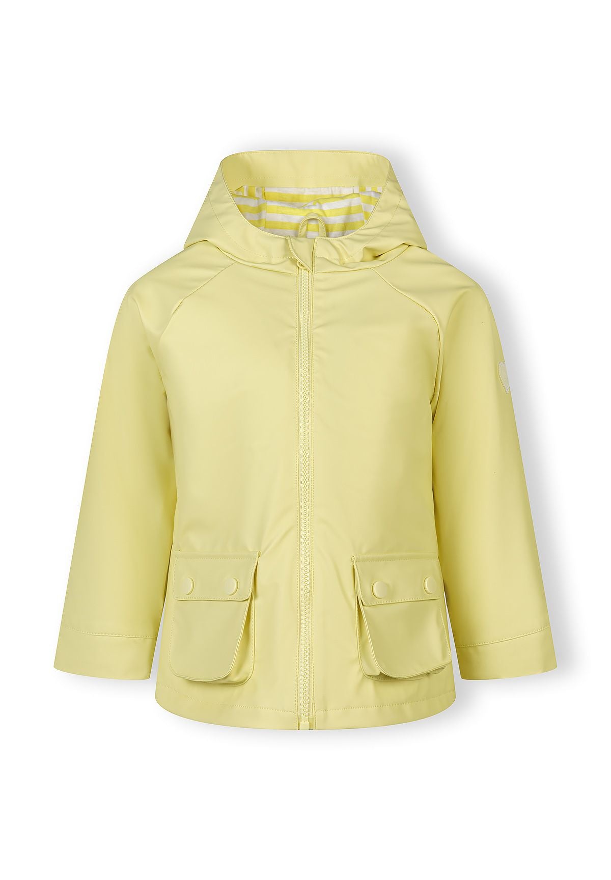 Girls waterproof jacket in bright yellow, front view with adjustable hood and two pockets.