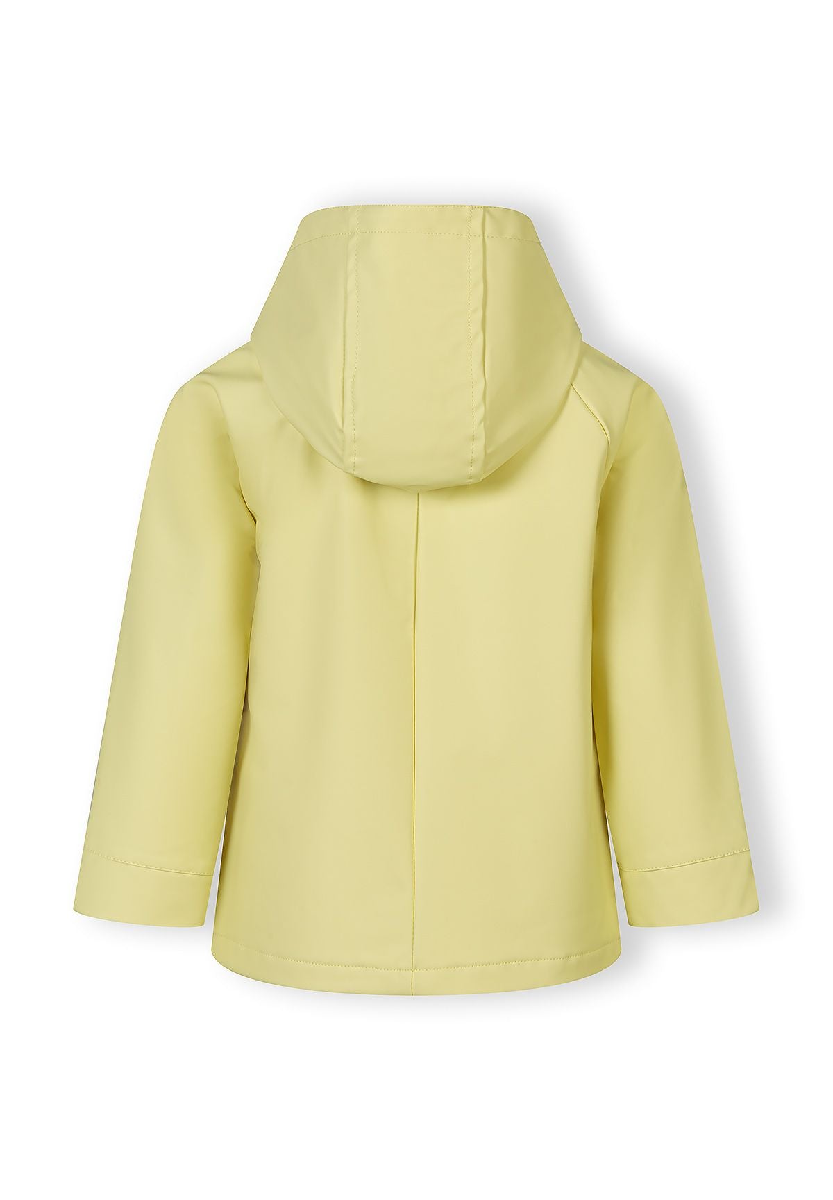 Back view of a girls' waterproof jacket in bright yellow with an adjustable hood.