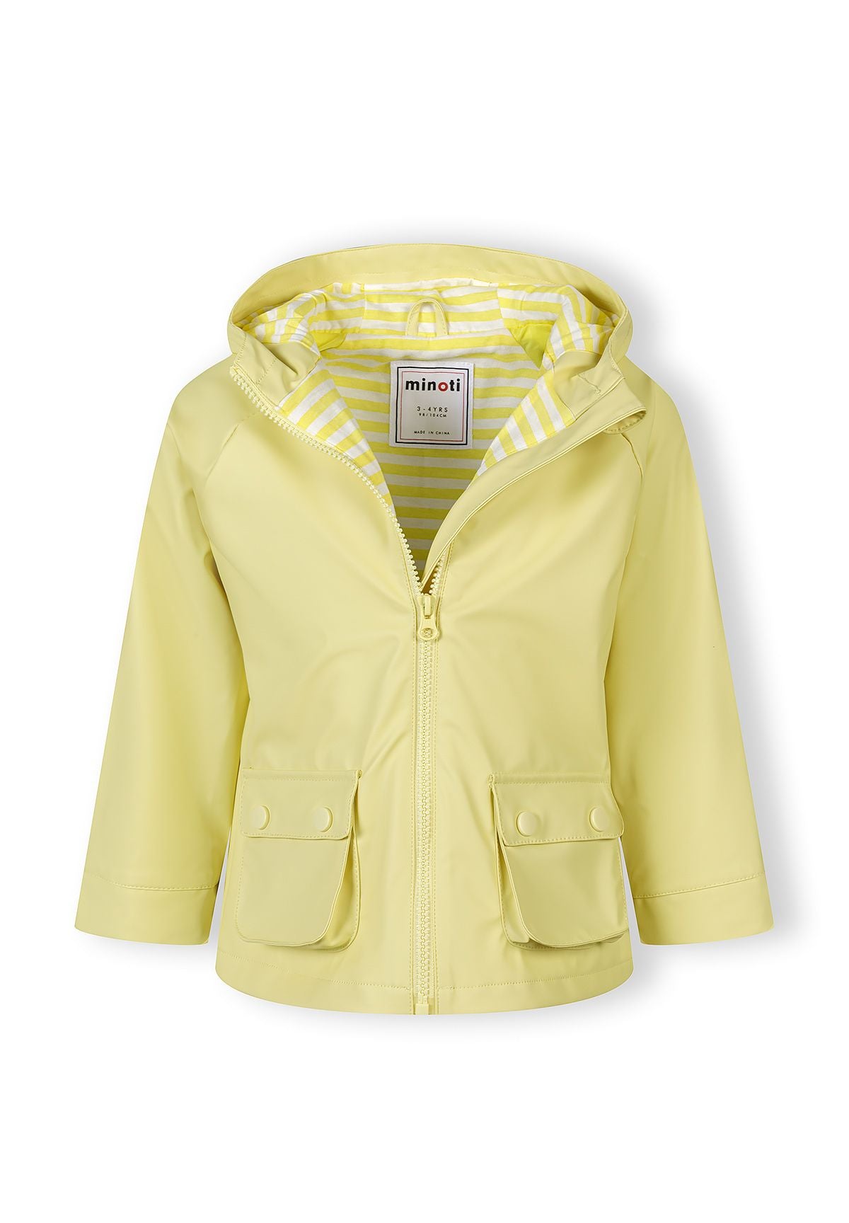Girls waterproof jacket in bright yellow, front view with adjustable hood and front zip.