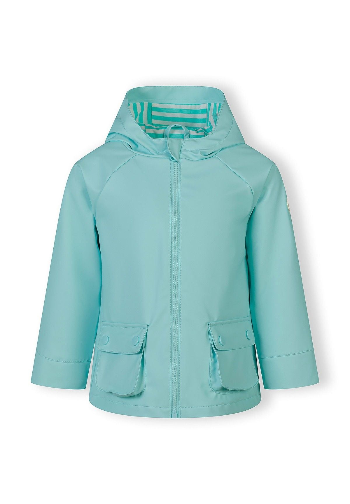 Girls waterproof jacket in mint, front view with fixed hood and side pockets.