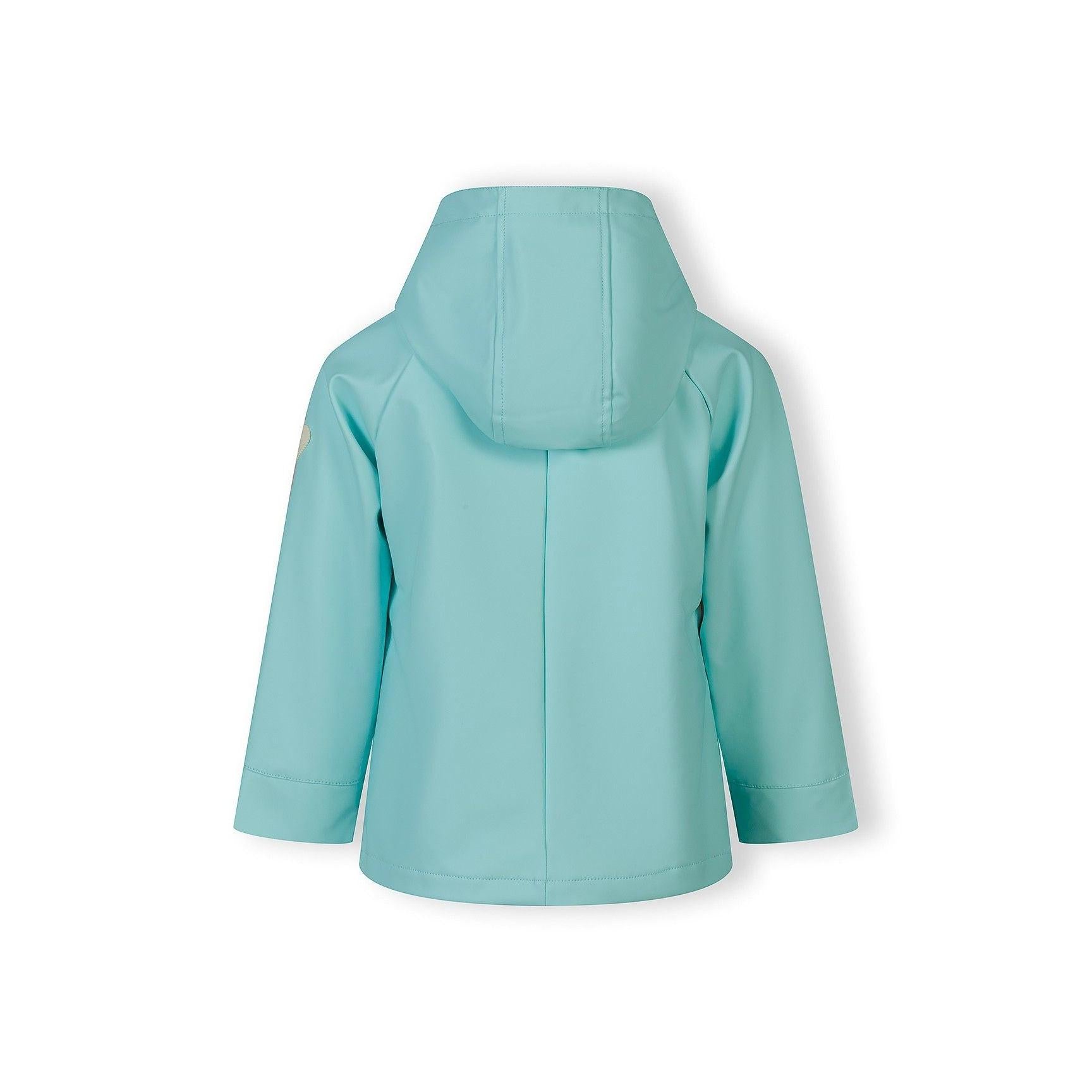 Close-up detail of mint green rain jacket side pocket with button flap closure, showing the waterproof fabric texture and stitching details