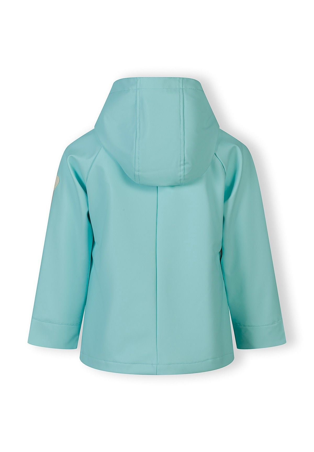 Back view of a mint waterproof jacket for girls, featuring a fixed hood and adjustable cuffs.