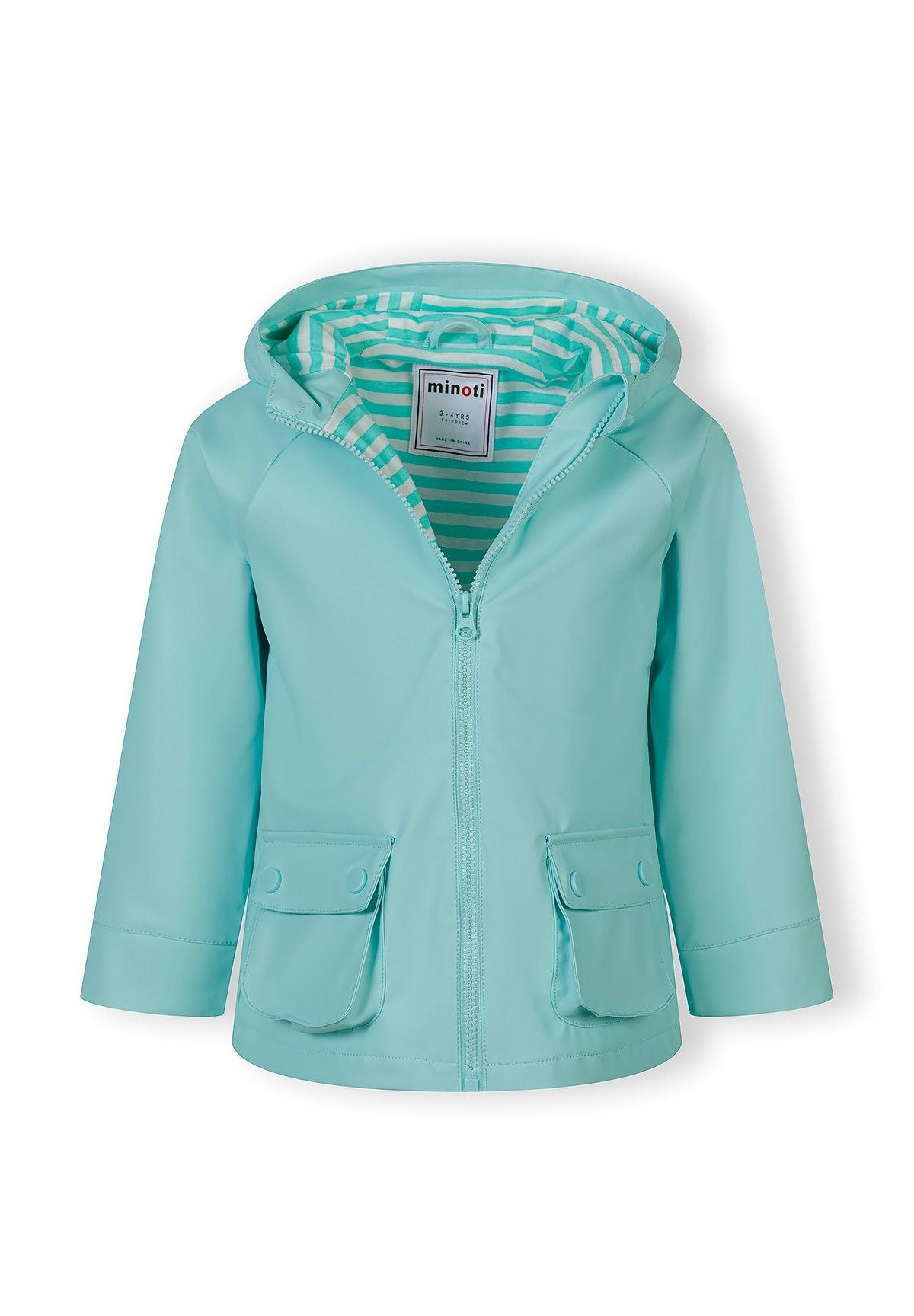 Girls waterproof jacket in mint, front view with fixed hood and side pockets.