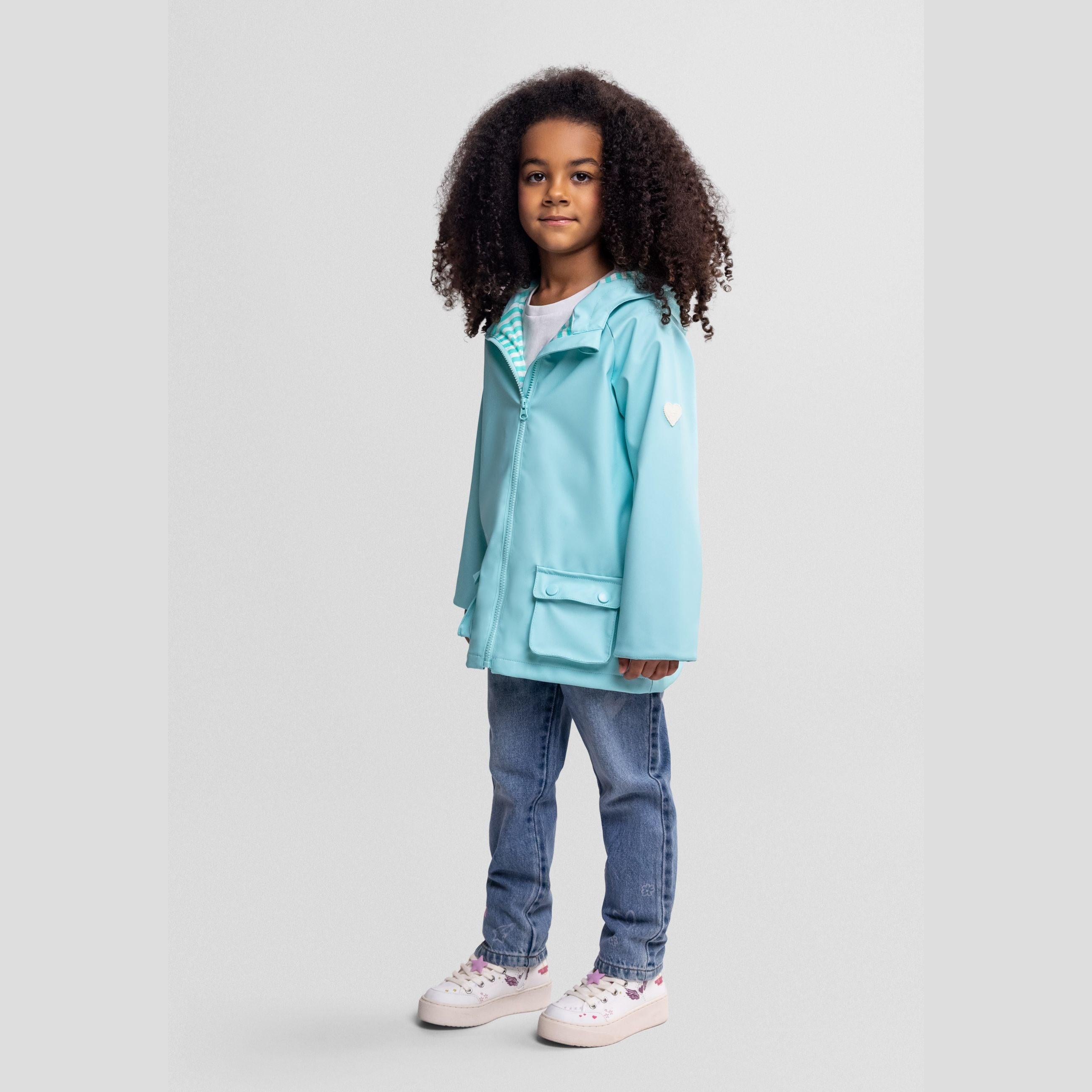 Front view of mint green rain jacket with fixed hood, full zip closure and two side pockets with button flaps, shown on white background