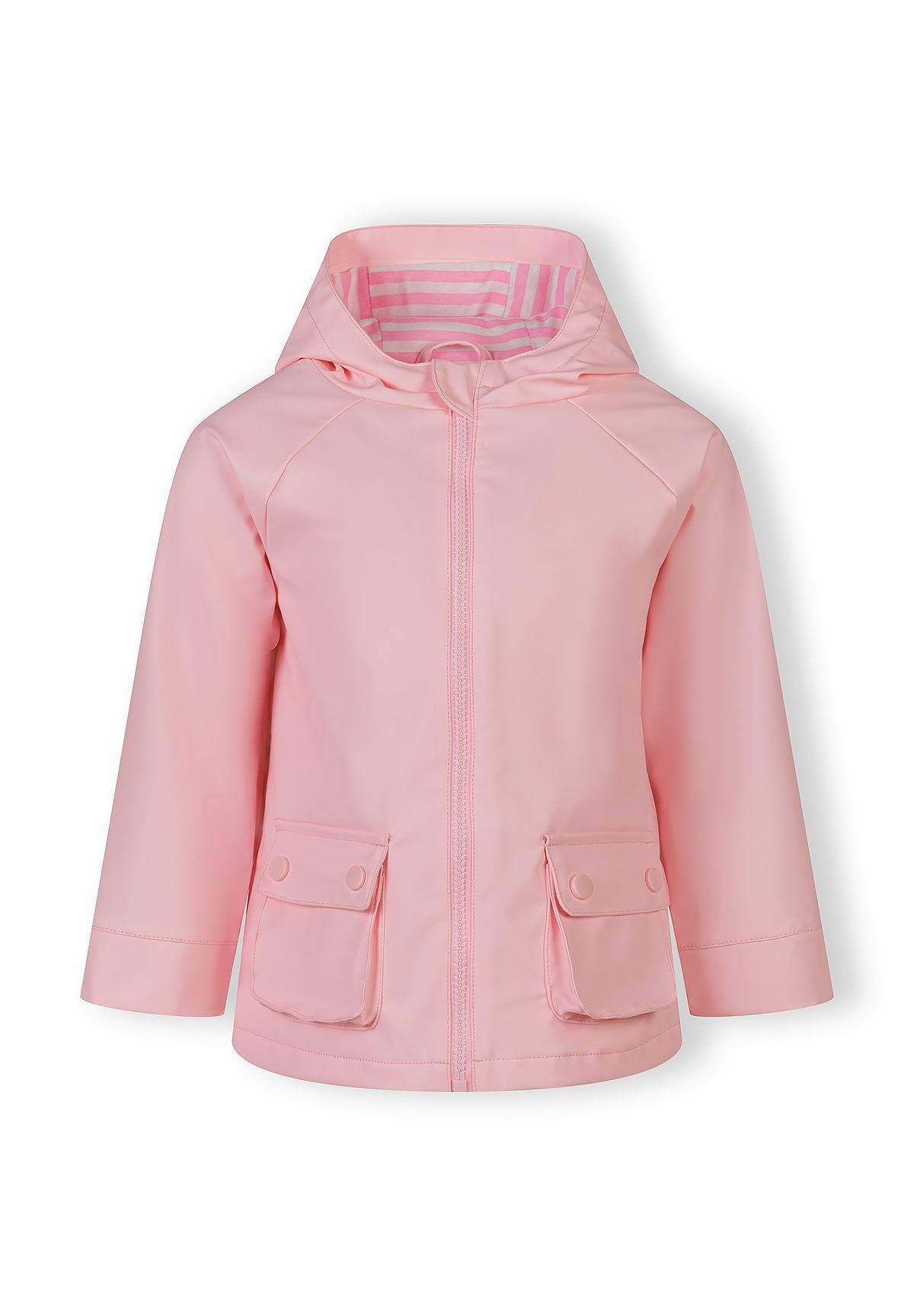 Girls waterproof pink jacket with fixed hood and front zip.