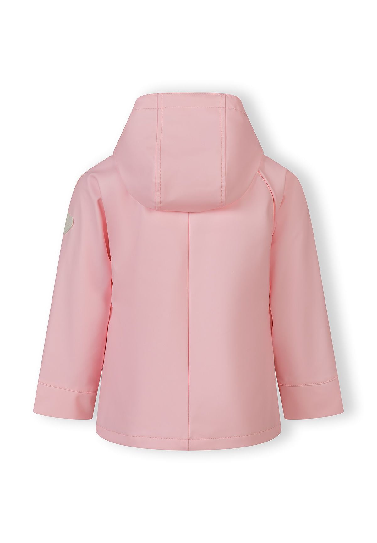 Back view of a pink waterproof jacket for girls, featuring a fixed hood.