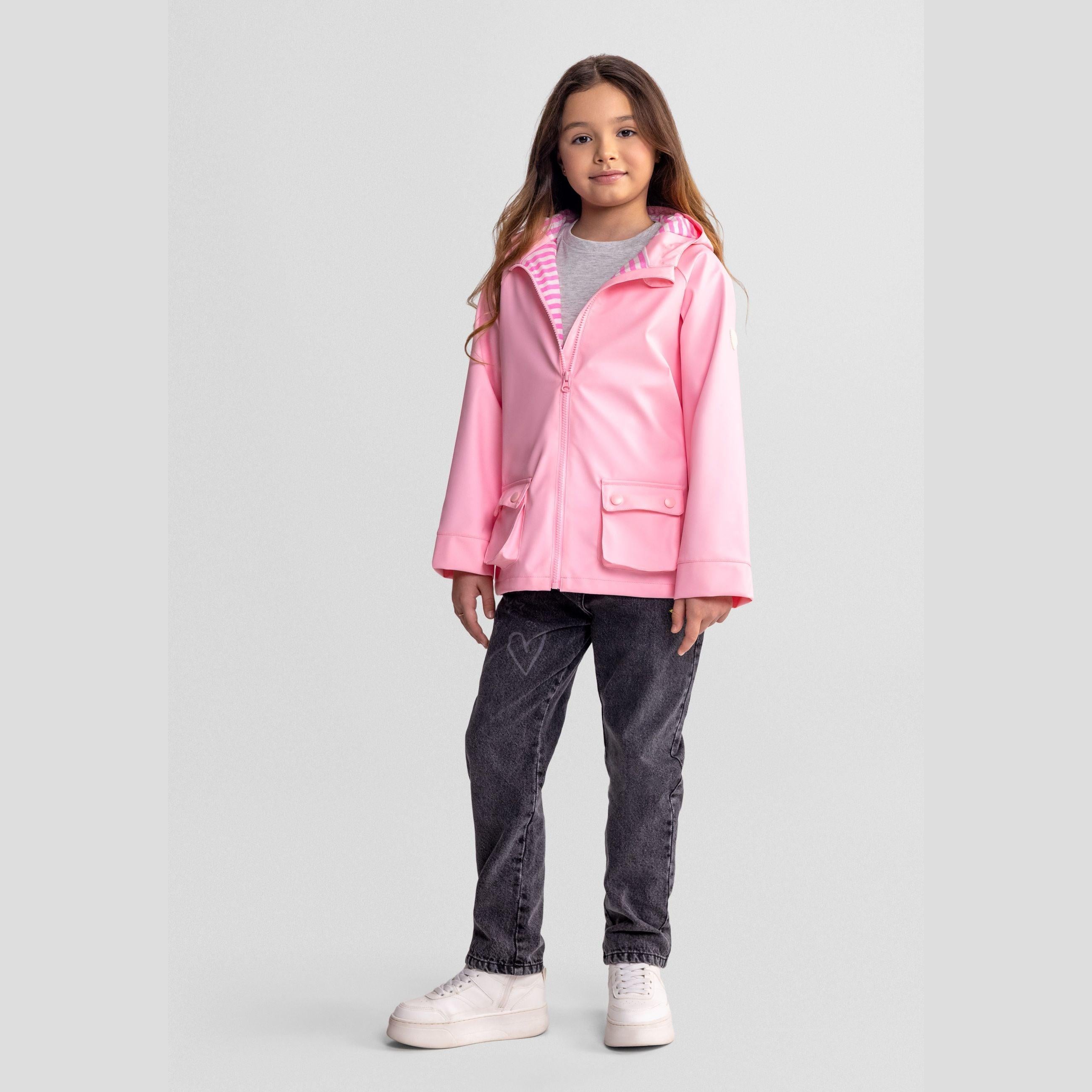 Pink rain jacket laid flat showing front view with hood down, full-length zip, and two chest pockets with button flaps on clean white background