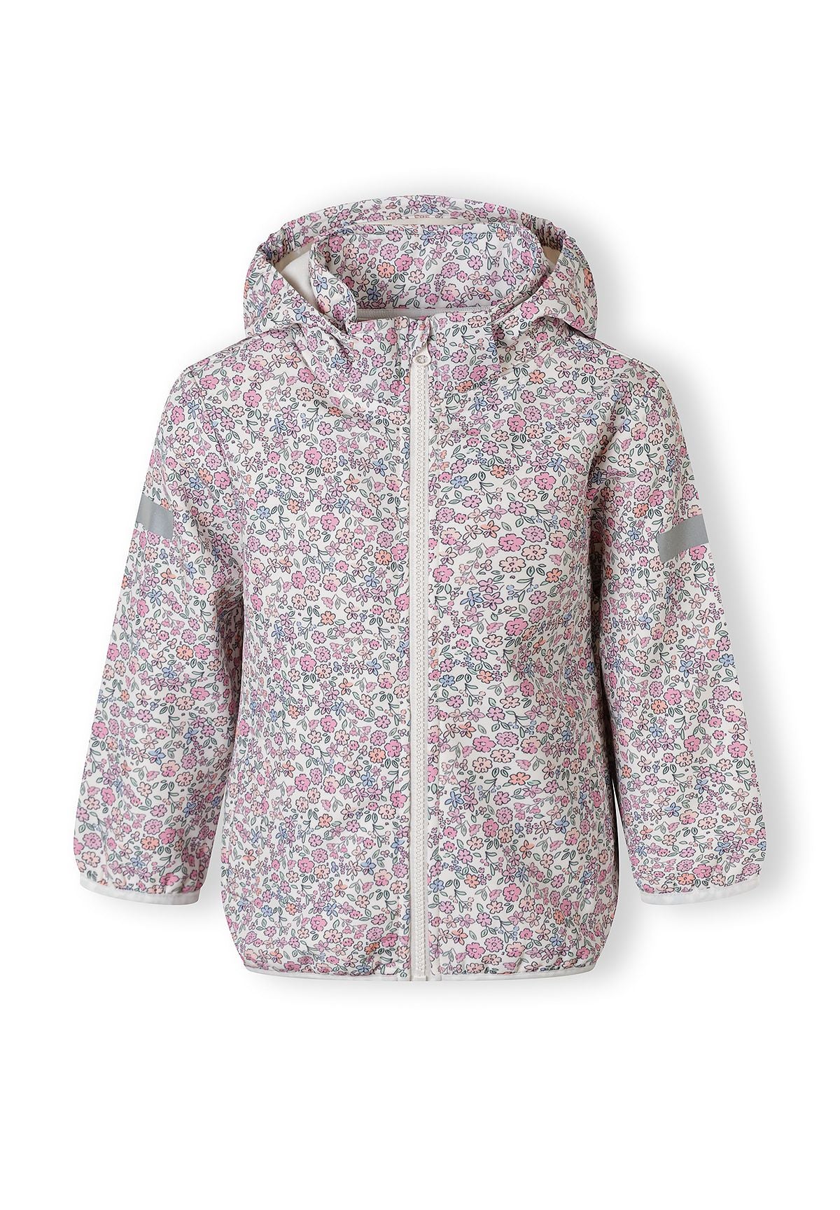 Girls softshell jacket with floral print, front view, features attached hood and two front pockets.