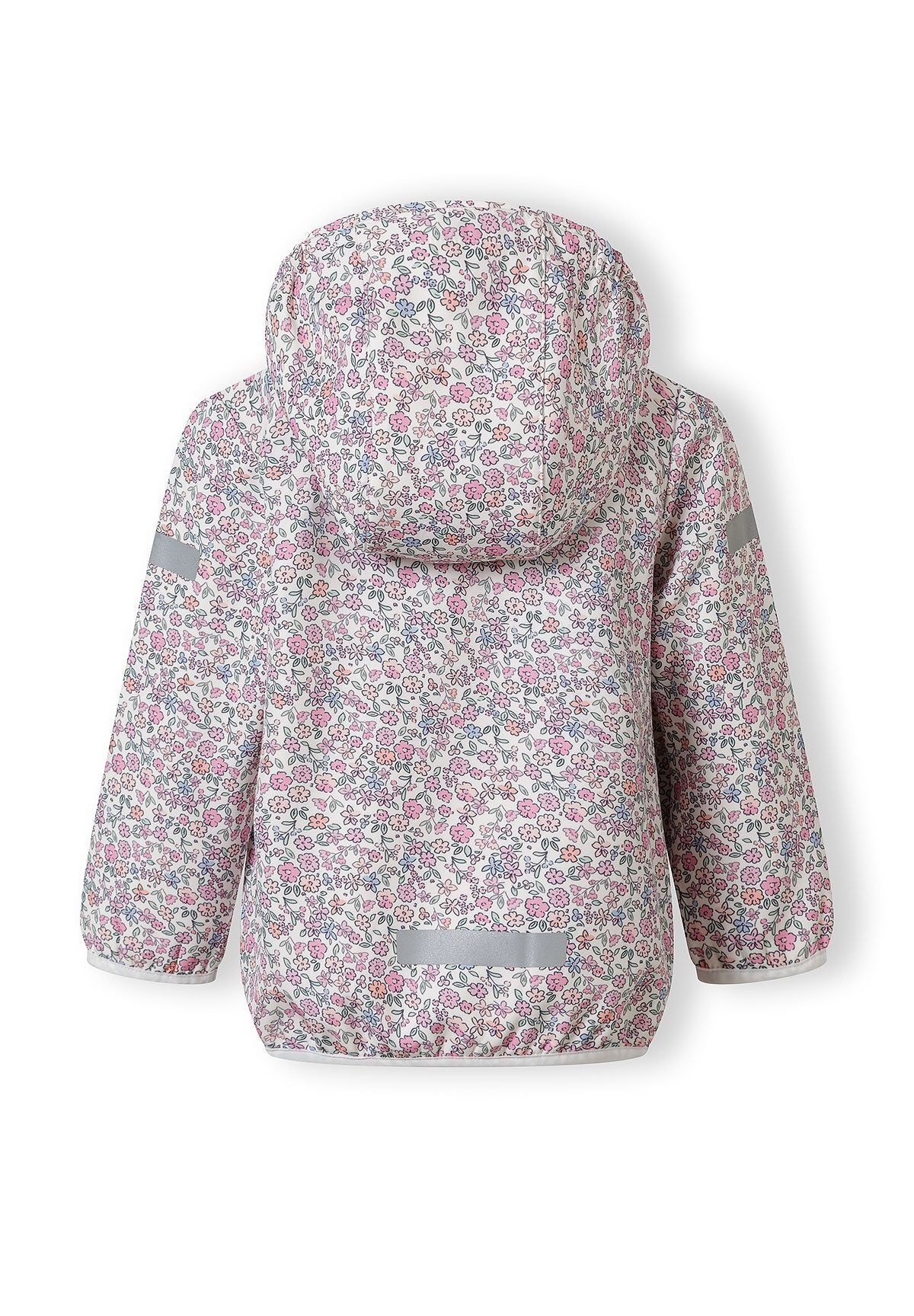 Girls softshell jacket with floral print, back view, features attached hood and elastic cuffs.