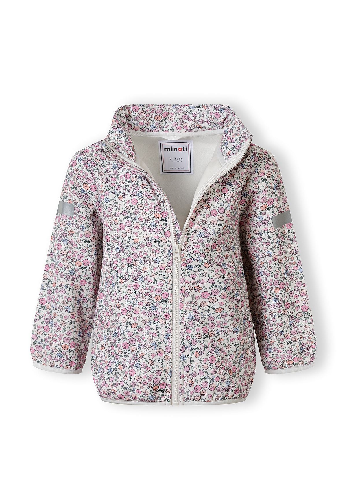 Girls softshell jacket, floral print, front view, features attached hood and two front pockets.
